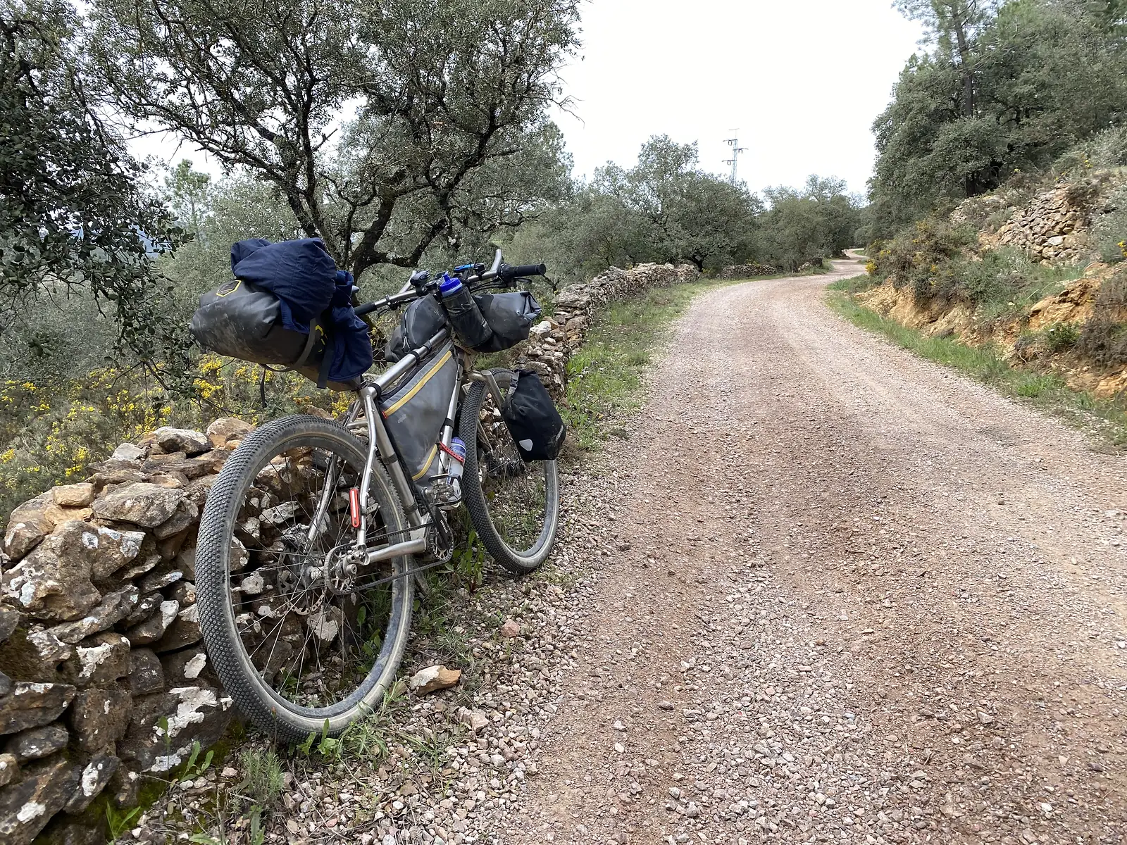 A loaded bikepacking bike leaning against a low dry-stone wall beside a gravel track through oak woodland.