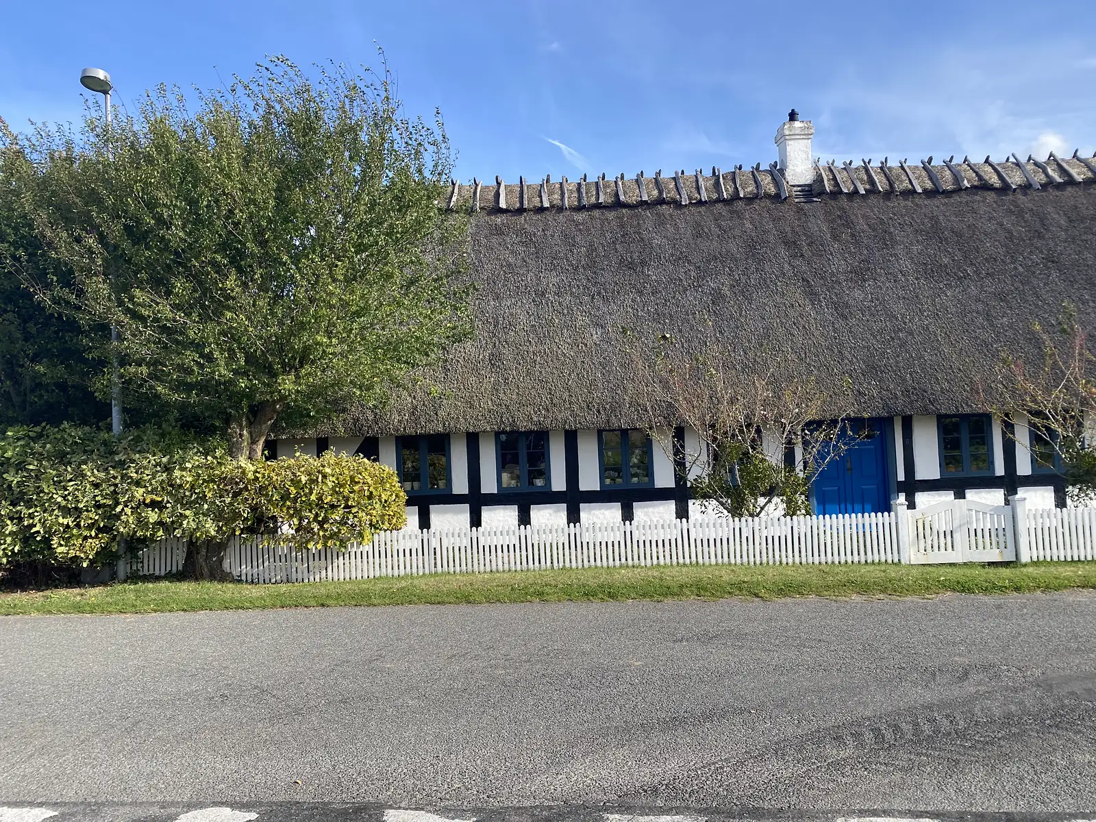 A long thatched half-timbered cottage with black timbers, white infill and a bright blue door behind a white picket fence.