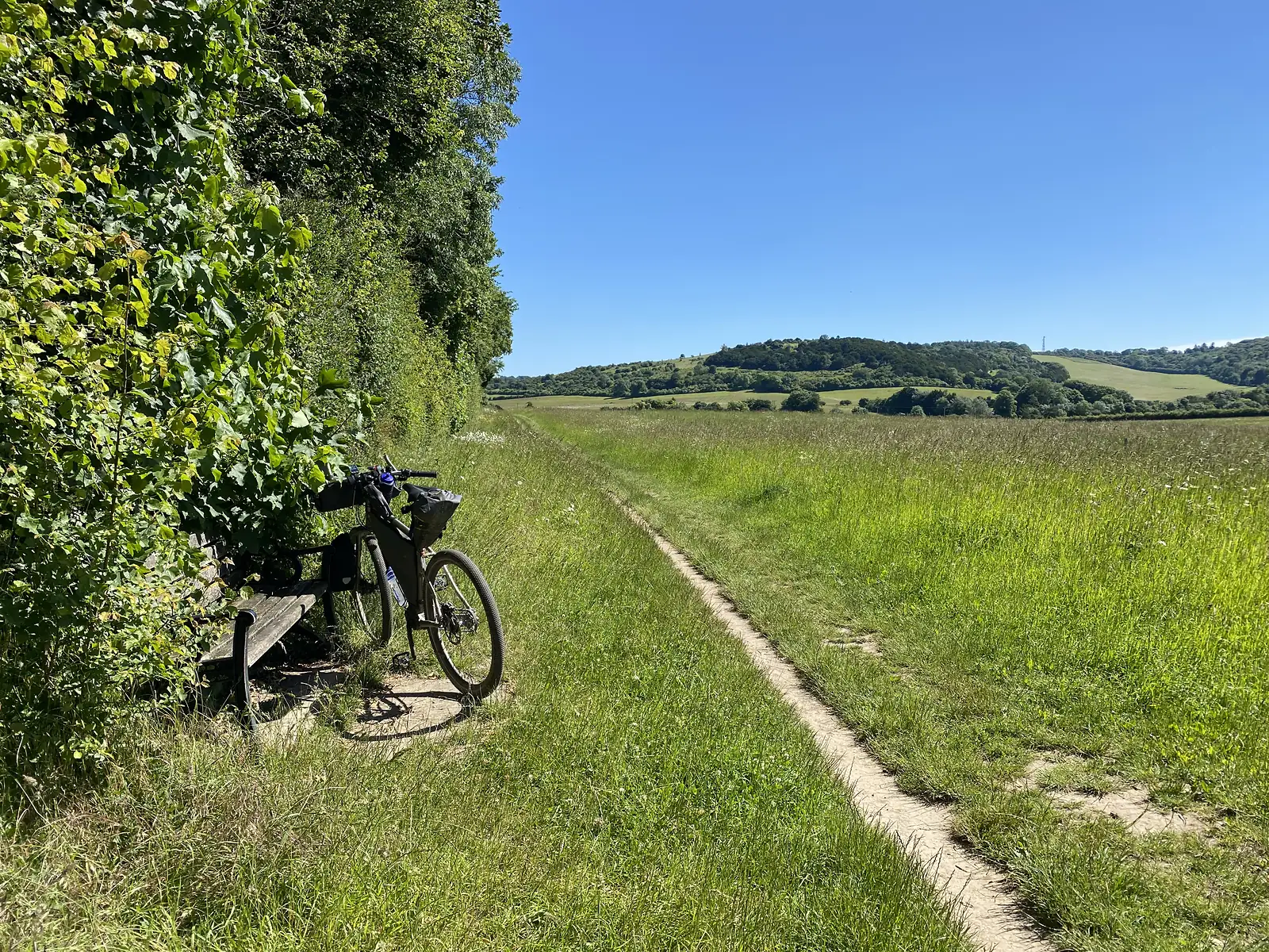 A loaded bike propped against a bench in hedge shadow beside a footpath along the edge of a hay meadow, with a wooded down beyond.