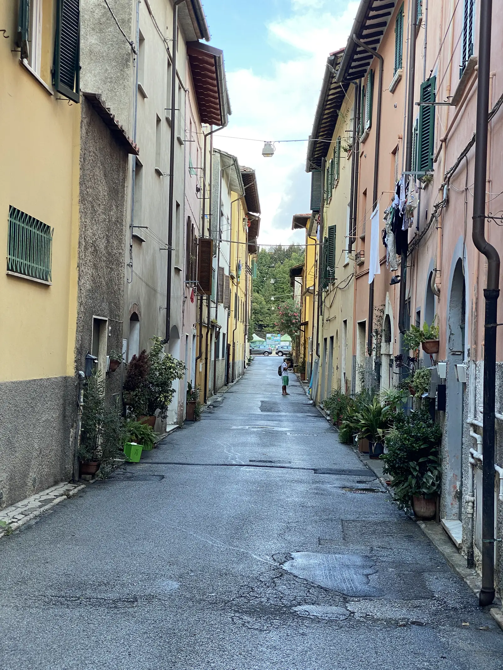 Washing hangs from balconies along a quiet residential street of terraced houses, with potted plants lining a narrow pavement and a car parked further down.