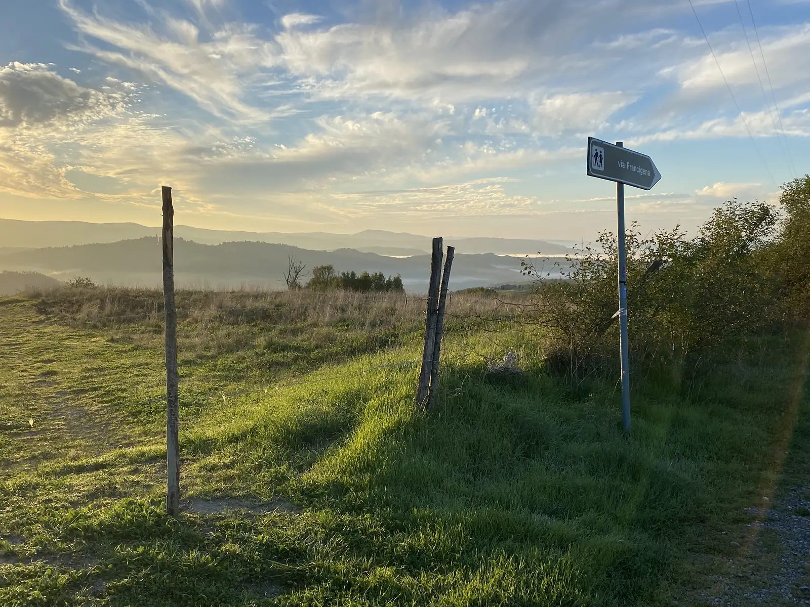 A Via Francigena waymarker sign beside a grassy path at dawn, with mist filling the valley and hazy hills beyond.