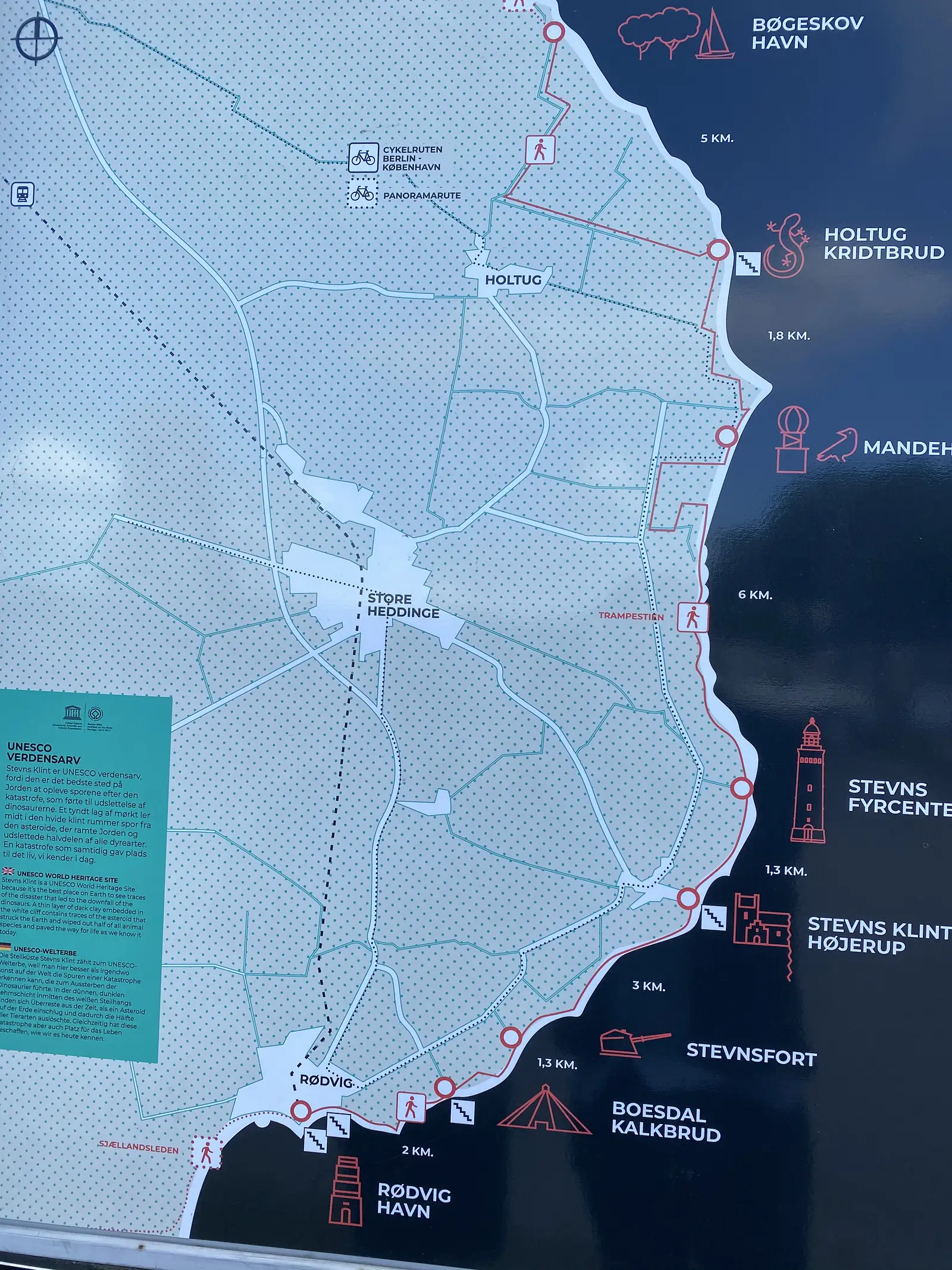 A tourist map board of a chalk-cliff coastline marked with walking and cycle routes including the Berlin to Copenhagen cycle route, with a UNESCO World Heritage panel.