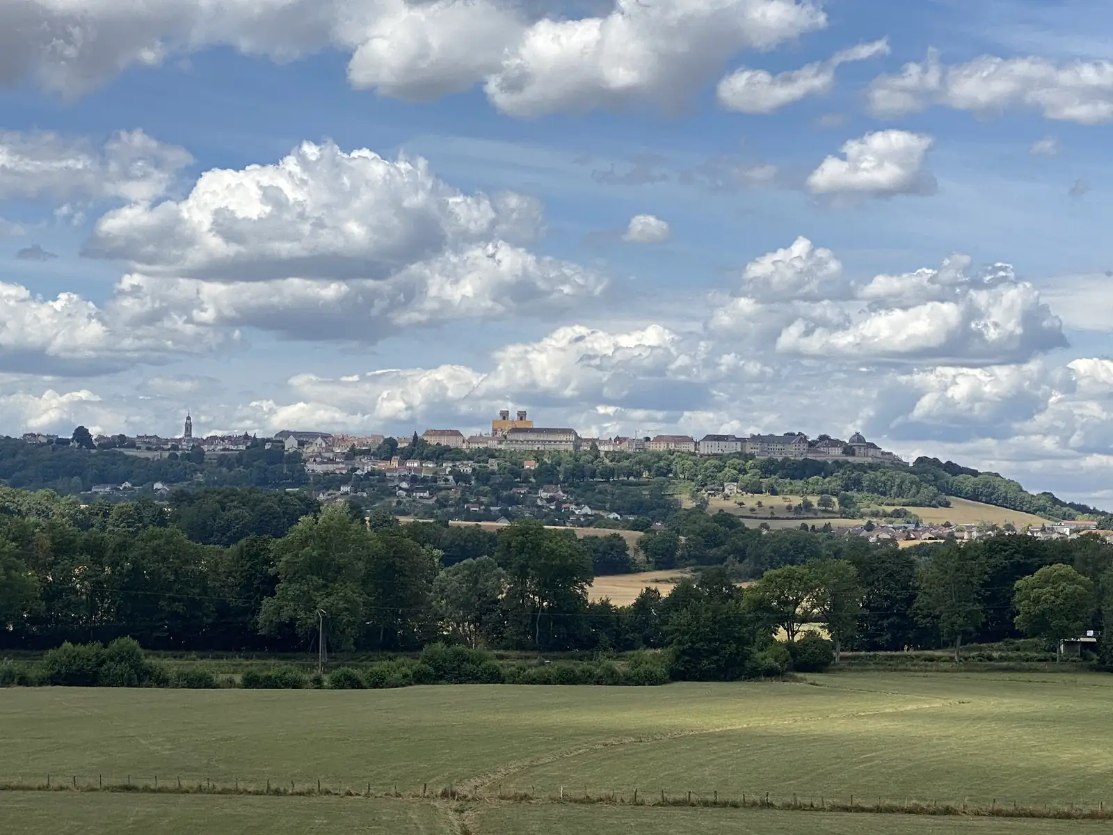 Langres sits along its wooded hilltop in the distance, church towers and pale stone buildings visible above the ramparts and surrounding fields.