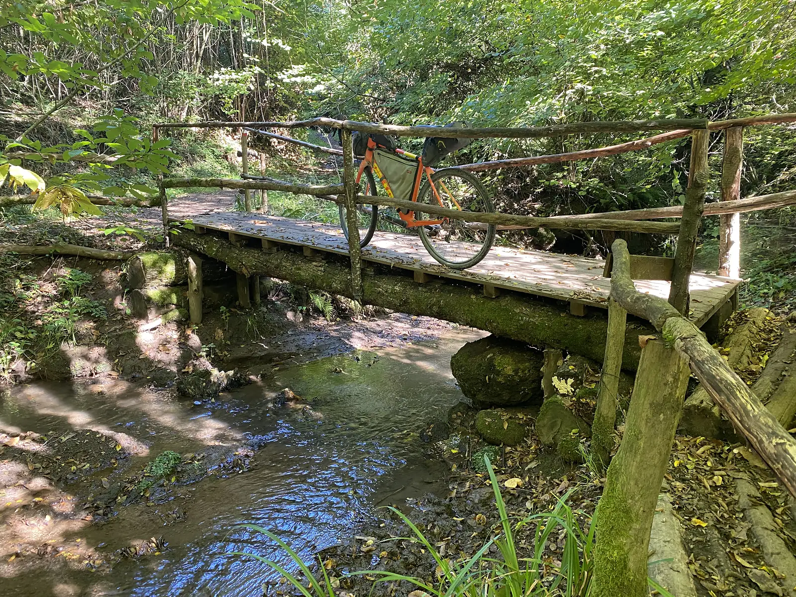 A loaded orange touring bike resting against the timber handrail of a rustic wooden footbridge spanning a clear woodland stream.