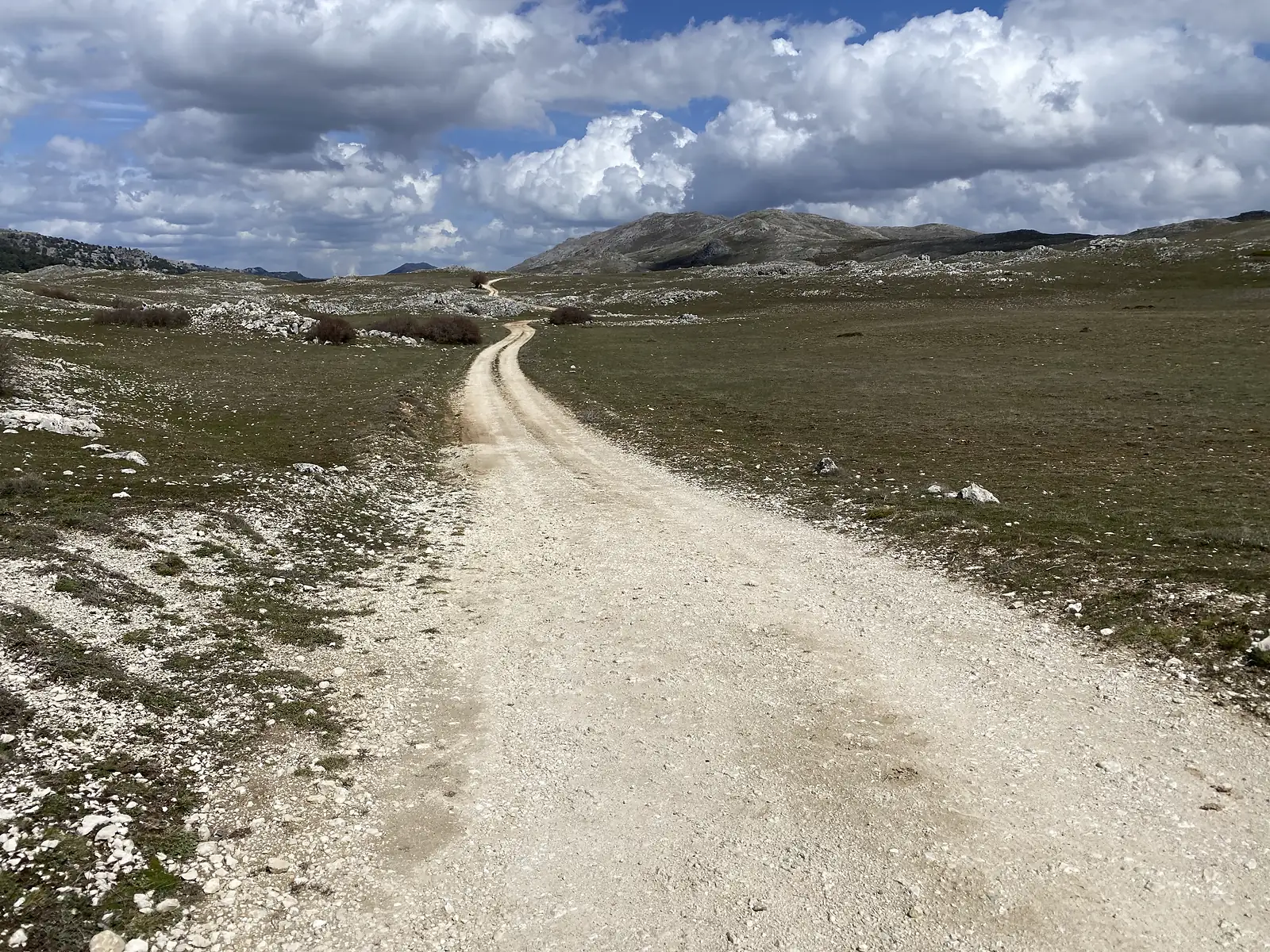 A pale gravel track winding away across rolling upland grass and limestone towards a bare rounded mountain.