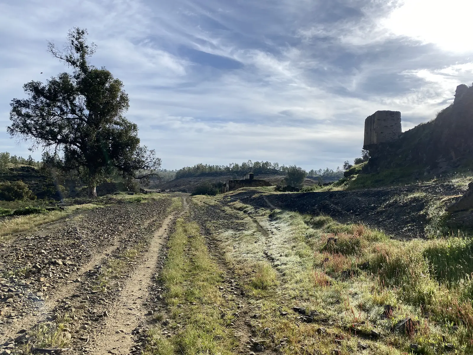 A rough double track running past black spoil heaps towards the roofless stone shell of an old mine building on the ridge, with a large tree in the foreground.
