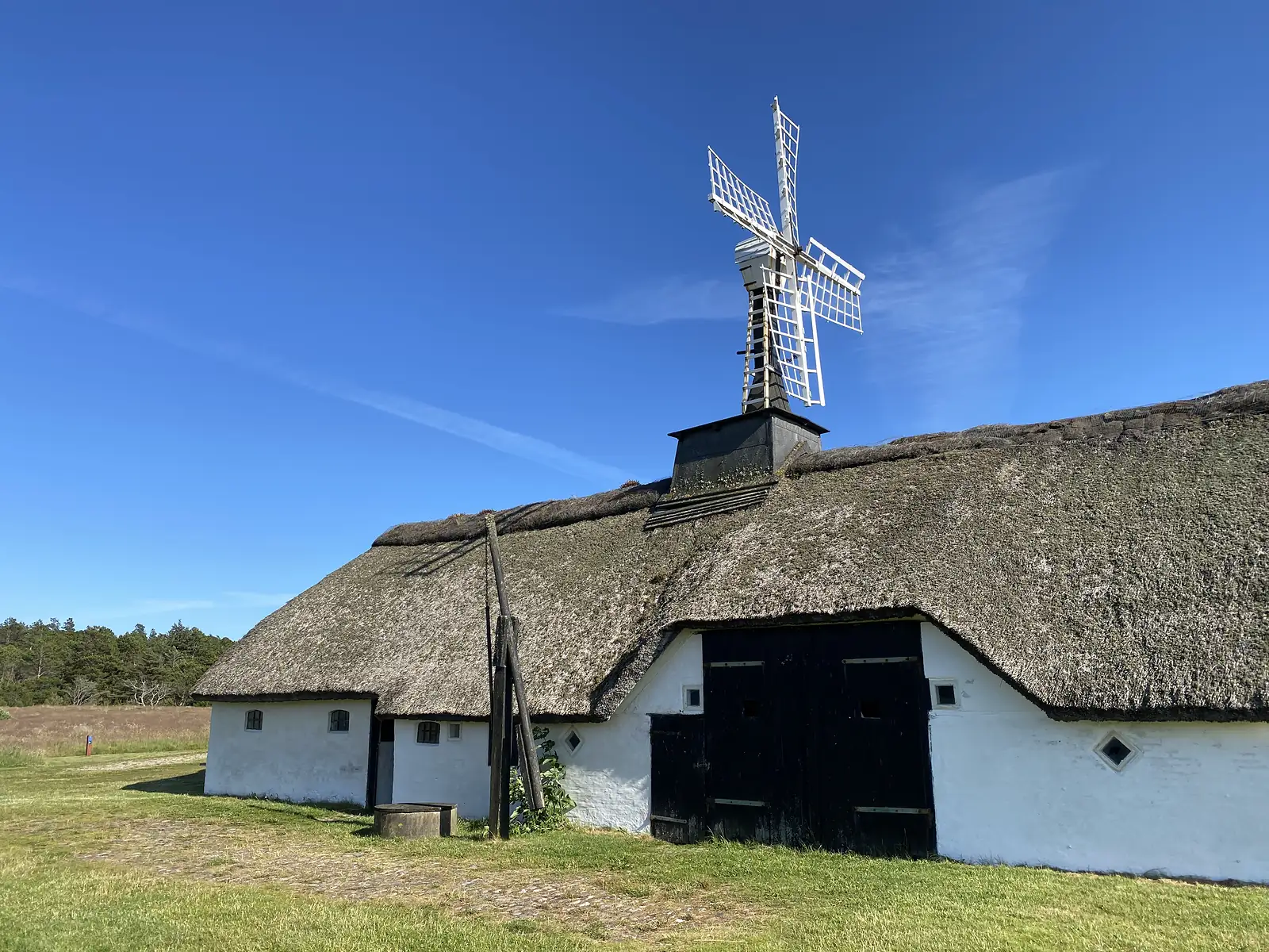 A long whitewashed thatched farmstead with a small white windmill mounted on its ridge, standing on rough heath under a deep blue sky.