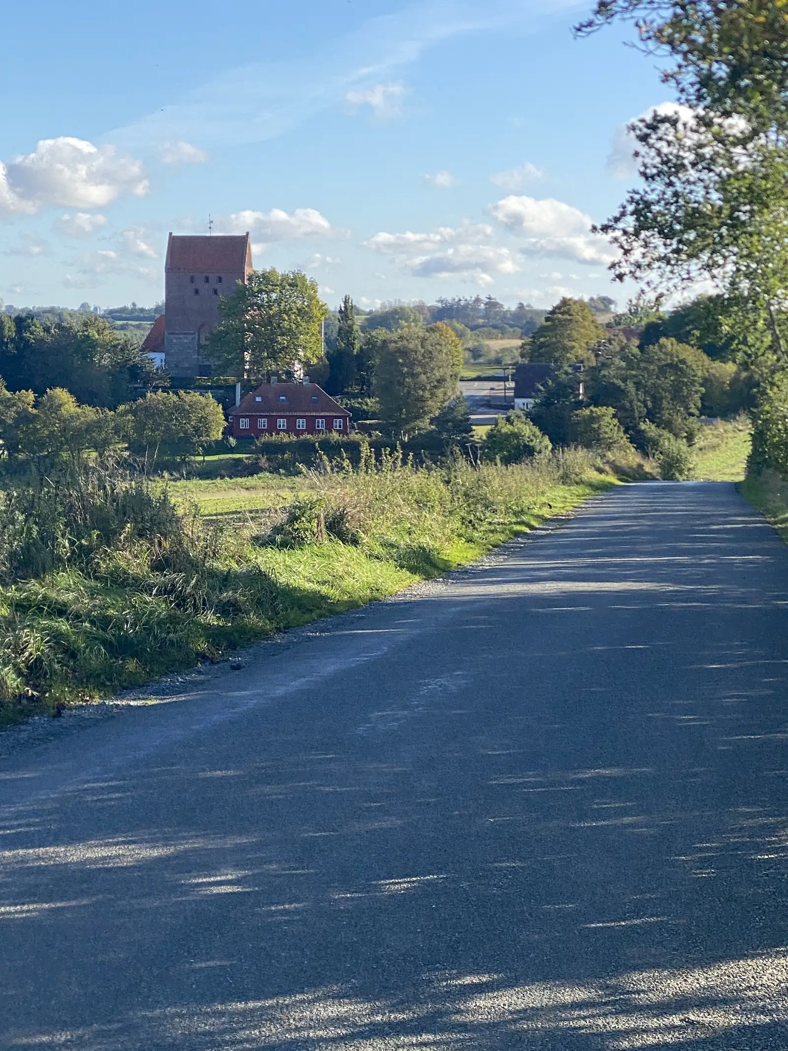 A quiet asphalt lane running towards a village where a red-tiled medieval church tower rises above the trees and a red-painted house.