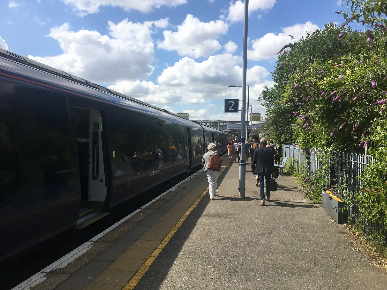 Passengers with luggage walking along a railway platform beside a stationary train at platform 2, flowering purple buddleia spilling over the fence to one side.