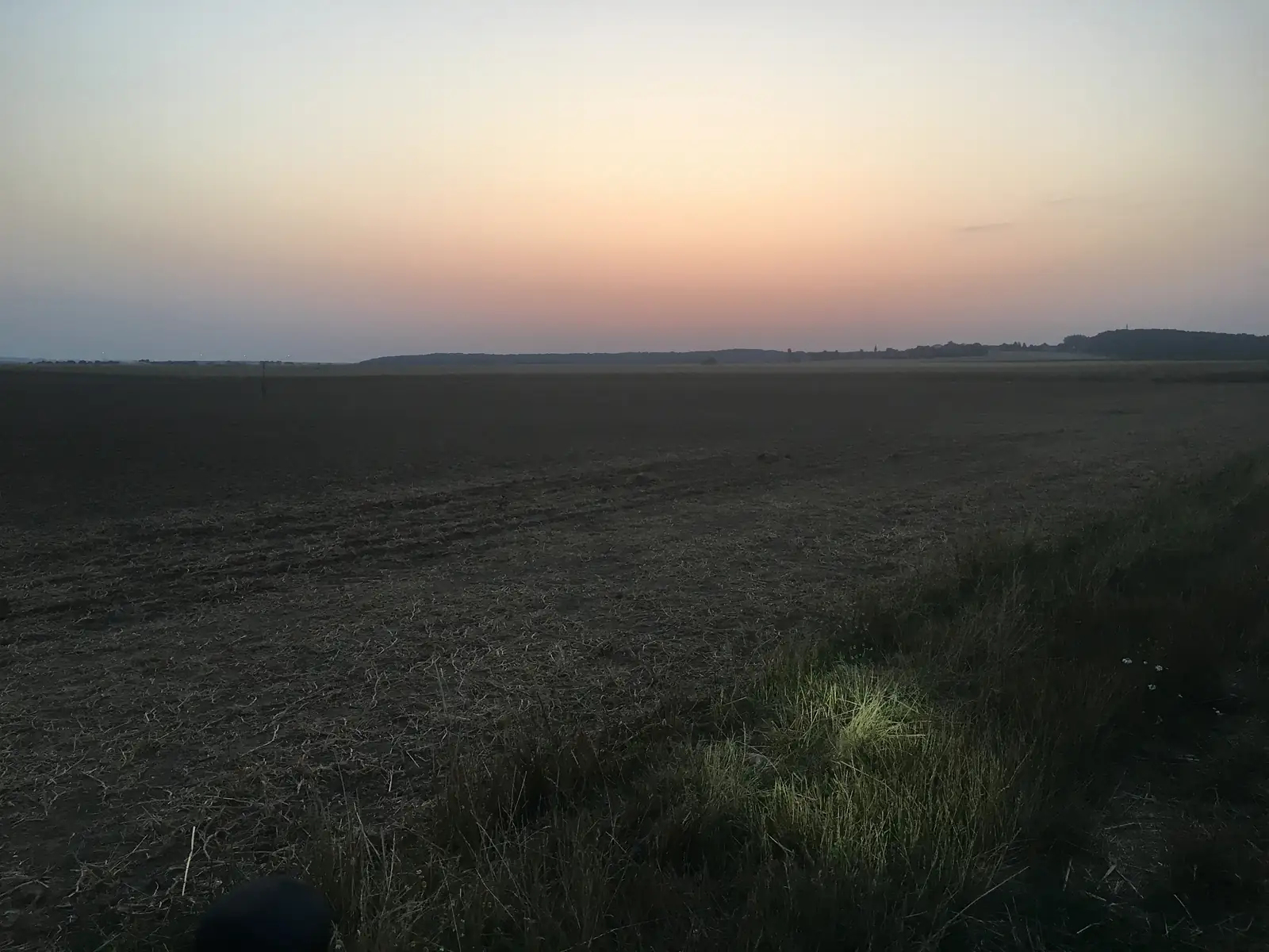 A freshly ploughed field fades into near-darkness beneath a pink and orange sunset sky, with a tuft of grass lit by torchlight in the foreground.