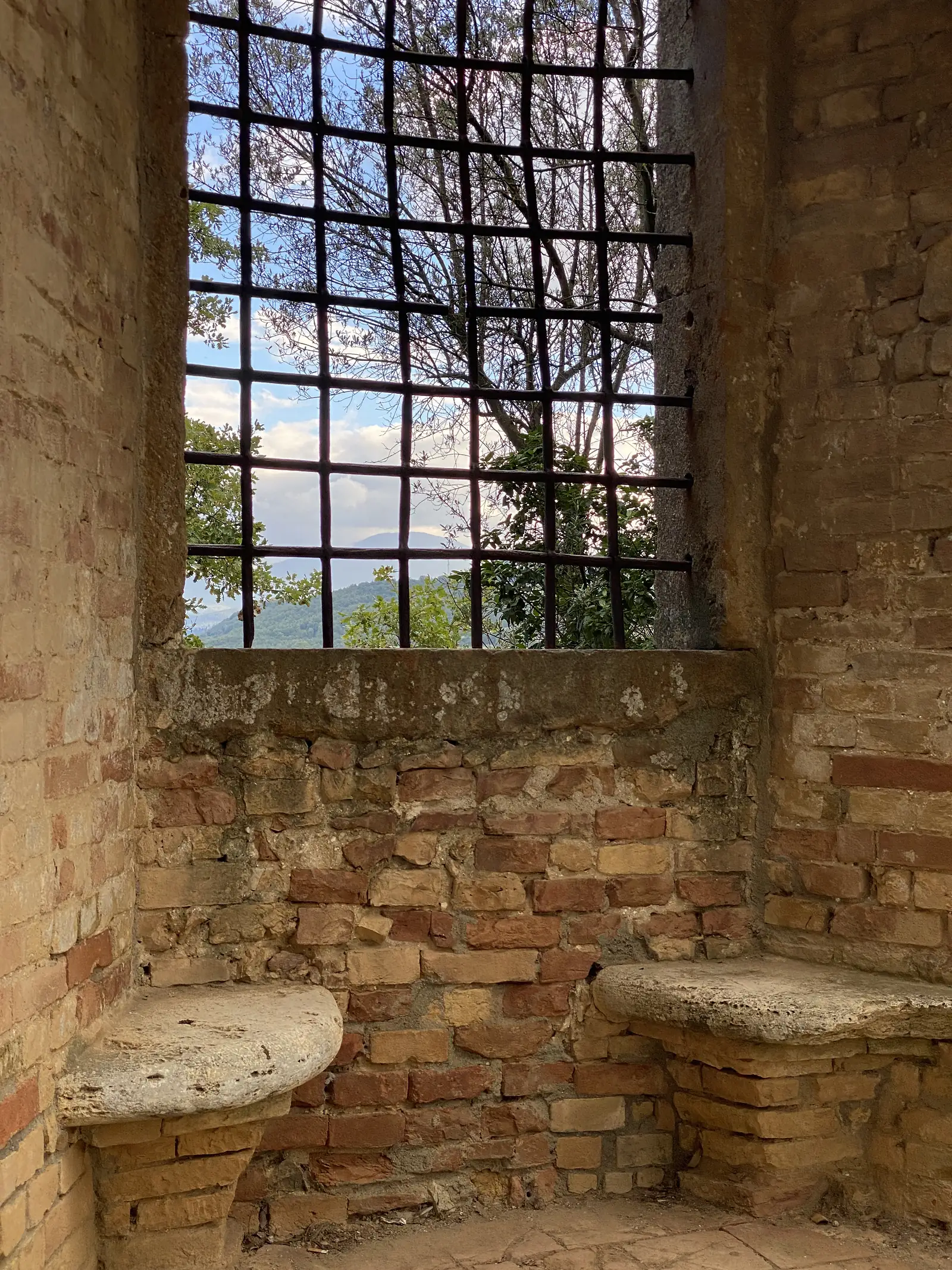 A large iron-barred window in a thick brick wall, framing a view of tree branches and hazy hills beyond.