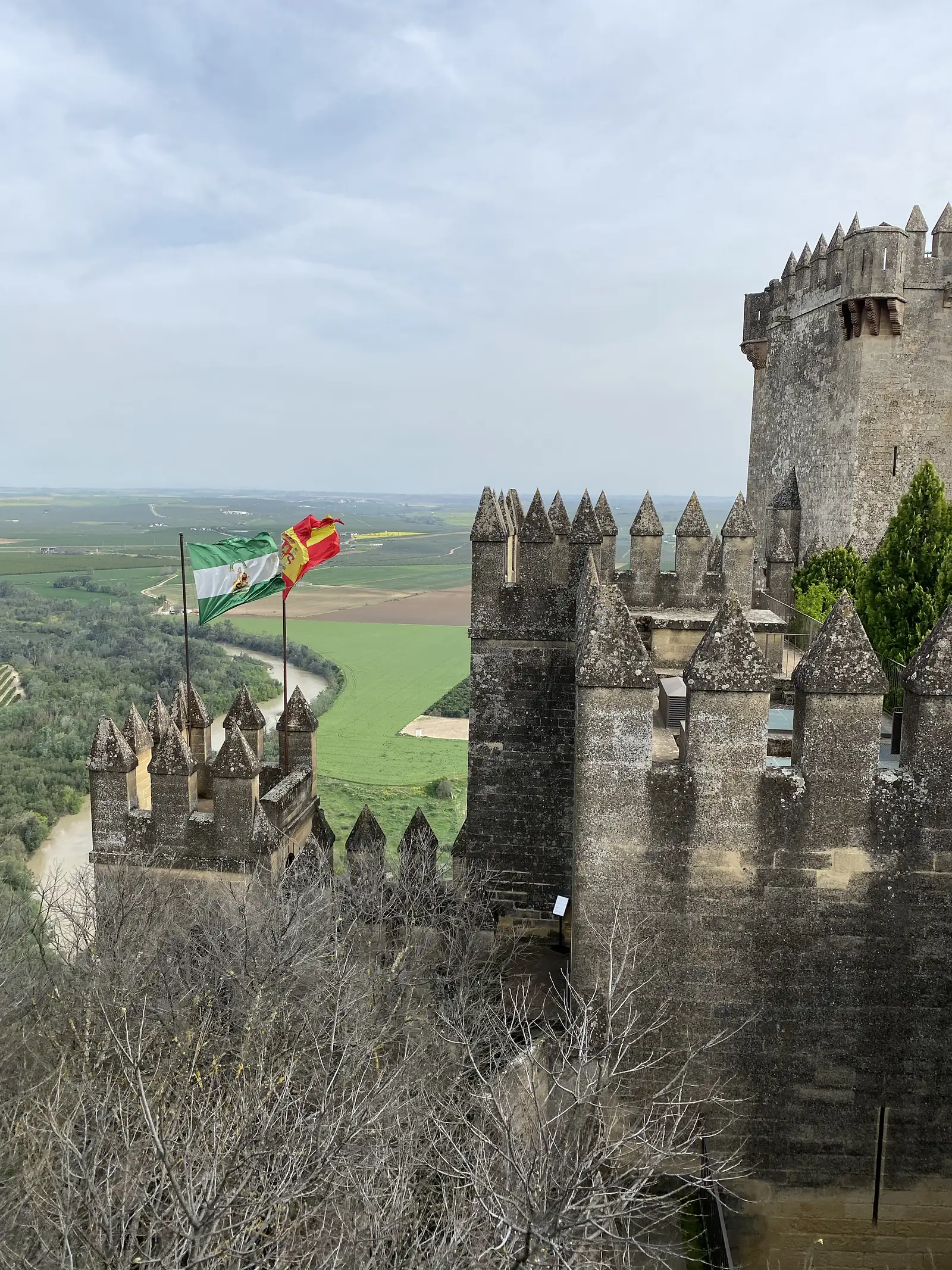 Castle battlements and turreted towers above a river, with the red-and-yellow flag of Spain and a green-and-white regional flag flying from the walls.