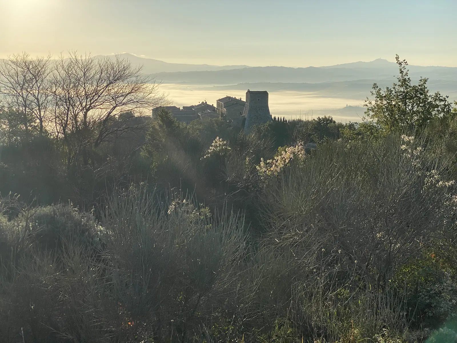 A hilltop hamlet with a stone tower silhouetted against a sunrise over a mist-filled valley, glimpsed through scrubby foreground bushes.