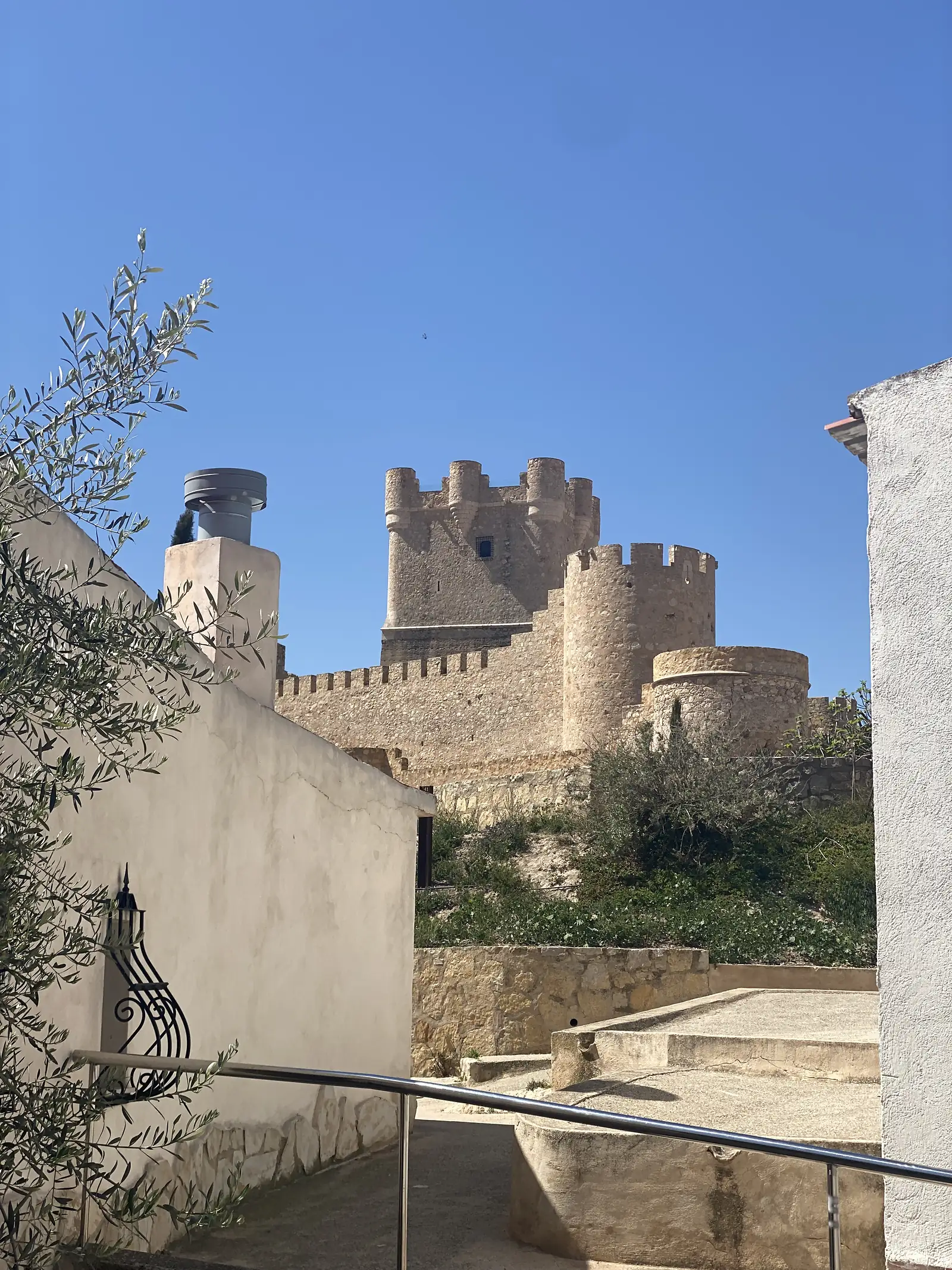 A castle with a tall square keep and round battlemented towers standing above whitewashed houses and an olive tree.