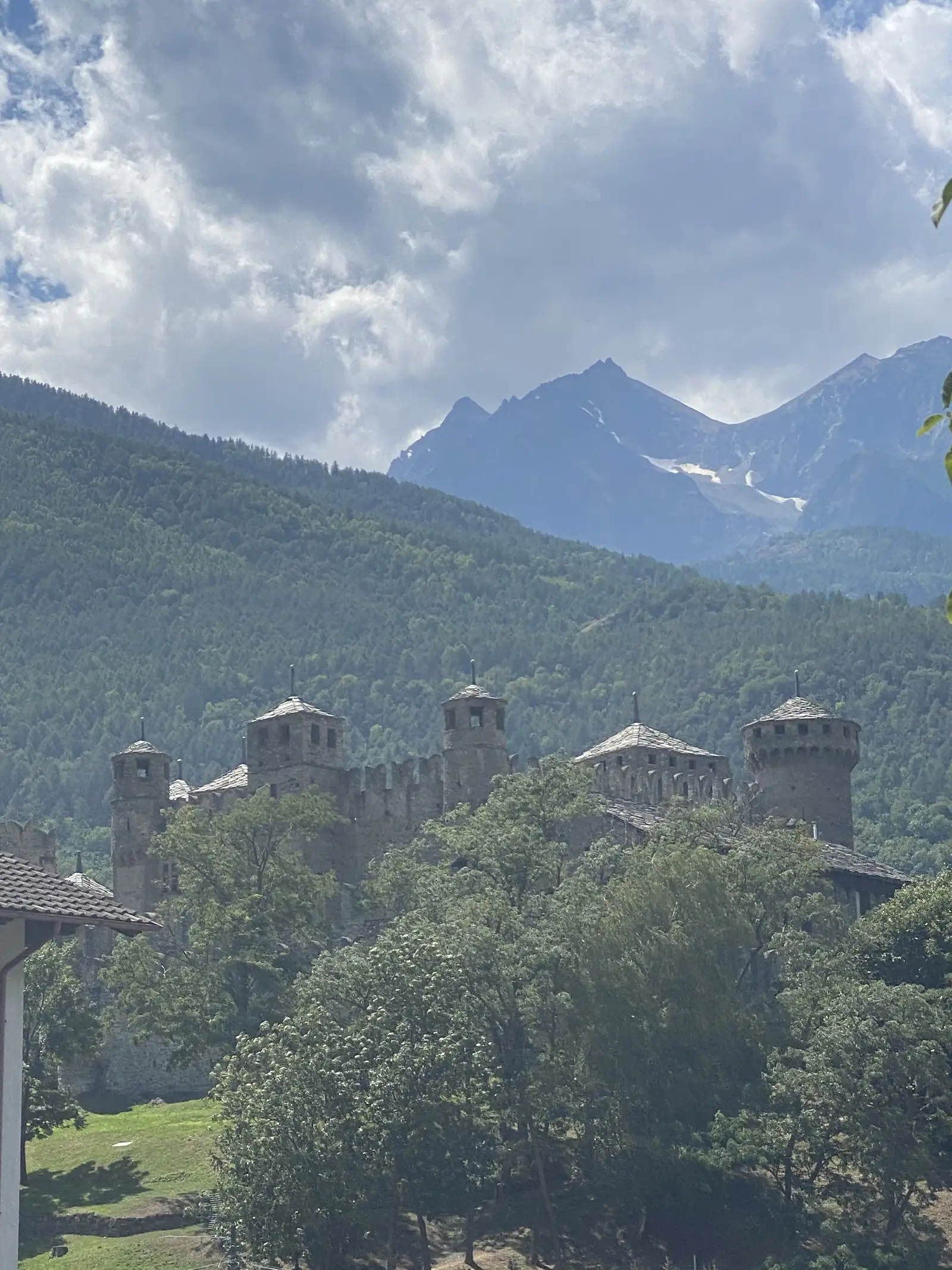 A crenellated medieval castle with several conical-roofed towers rises above a screen of trees, snow-streaked peaks visible on the ridge behind.