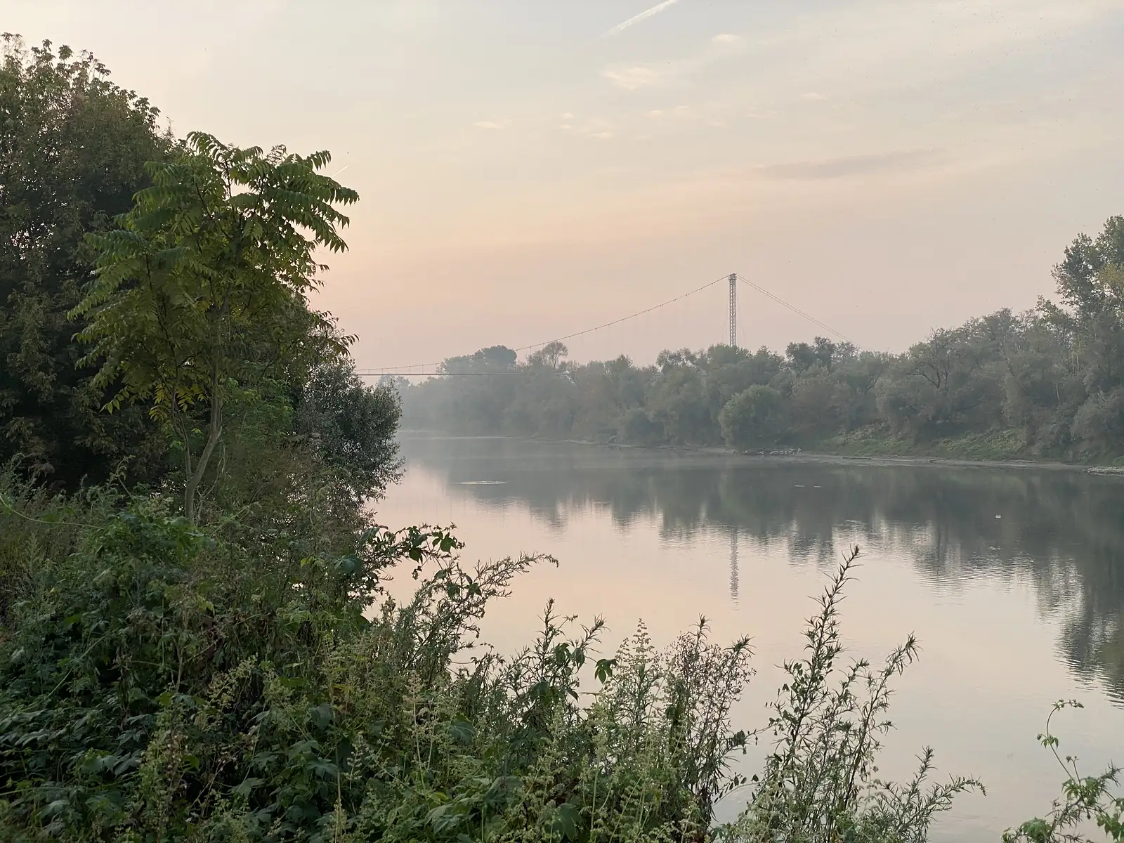 A calm river at sunrise, its water tinted pink and gold, with a cable-stayed footbridge crossing between wooded banks in the mist.