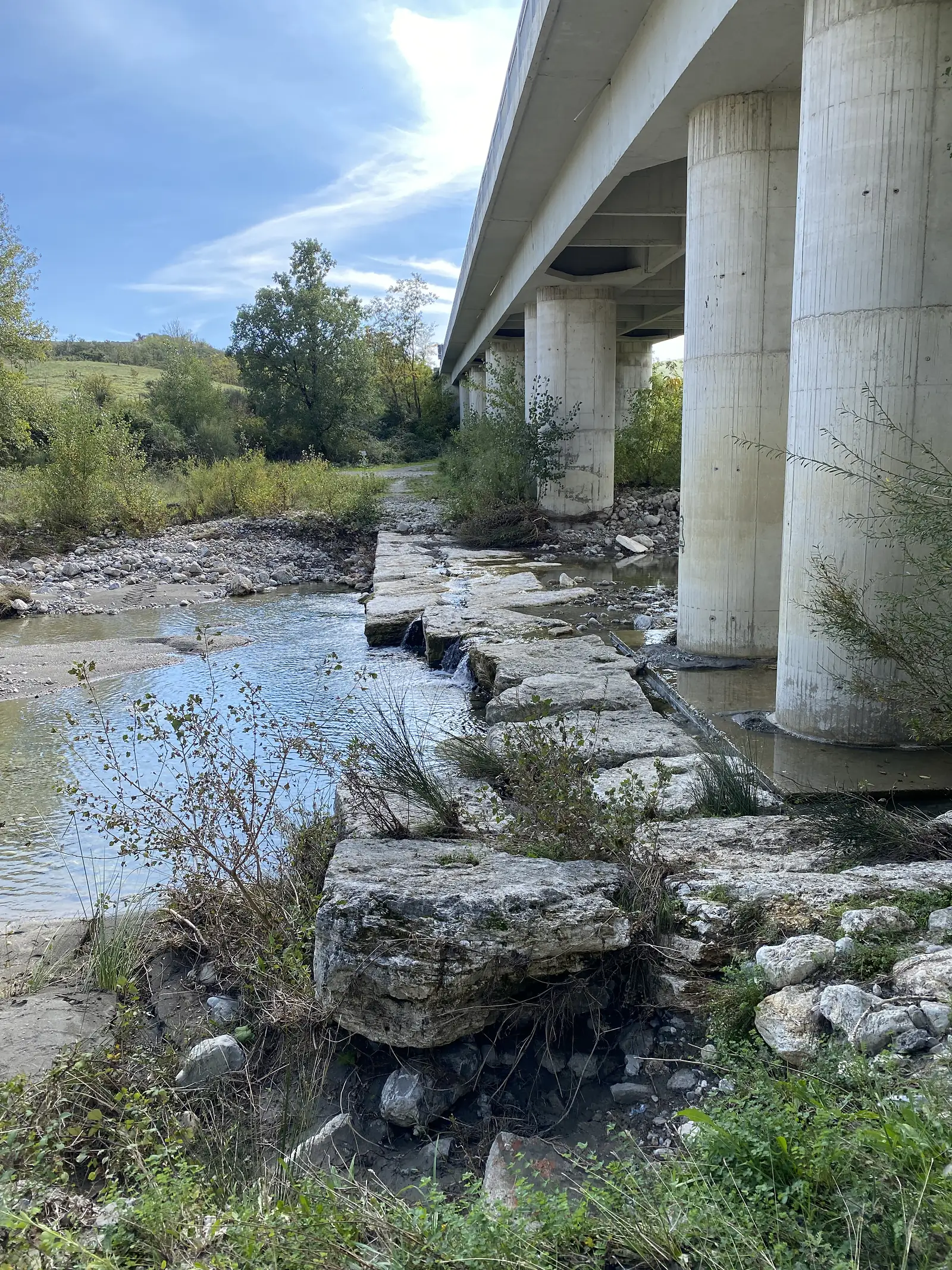 A river flowing beneath the tall concrete piers of a motorway viaduct, with weathered limestone ledges lining the near bank.