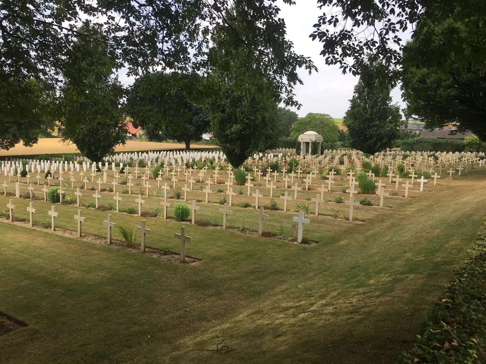 Rows of pale wooden crosses in a French military cemetery, with a small stone memorial shelter visible among the trees behind.