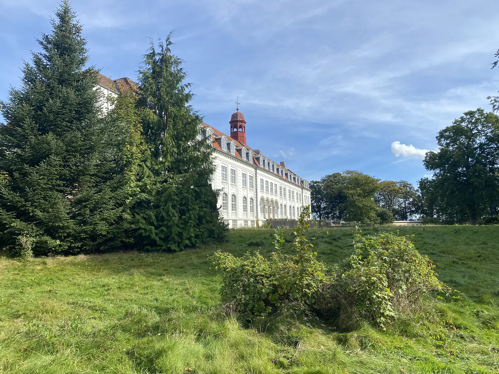 A white baroque manor with arched windows, dormers and a red-domed bell turret, seen across rough meadow and conifers.