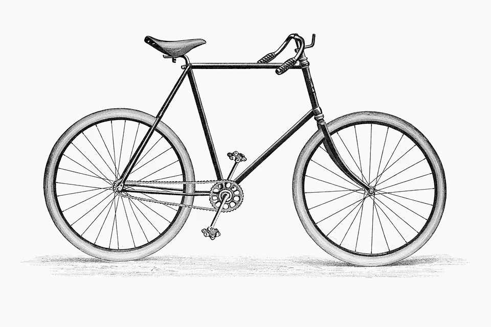  A pen-and-ink drawing of an early safety bicycle, with a sprung leather saddle, dropped bars, a single chainring and no gears.