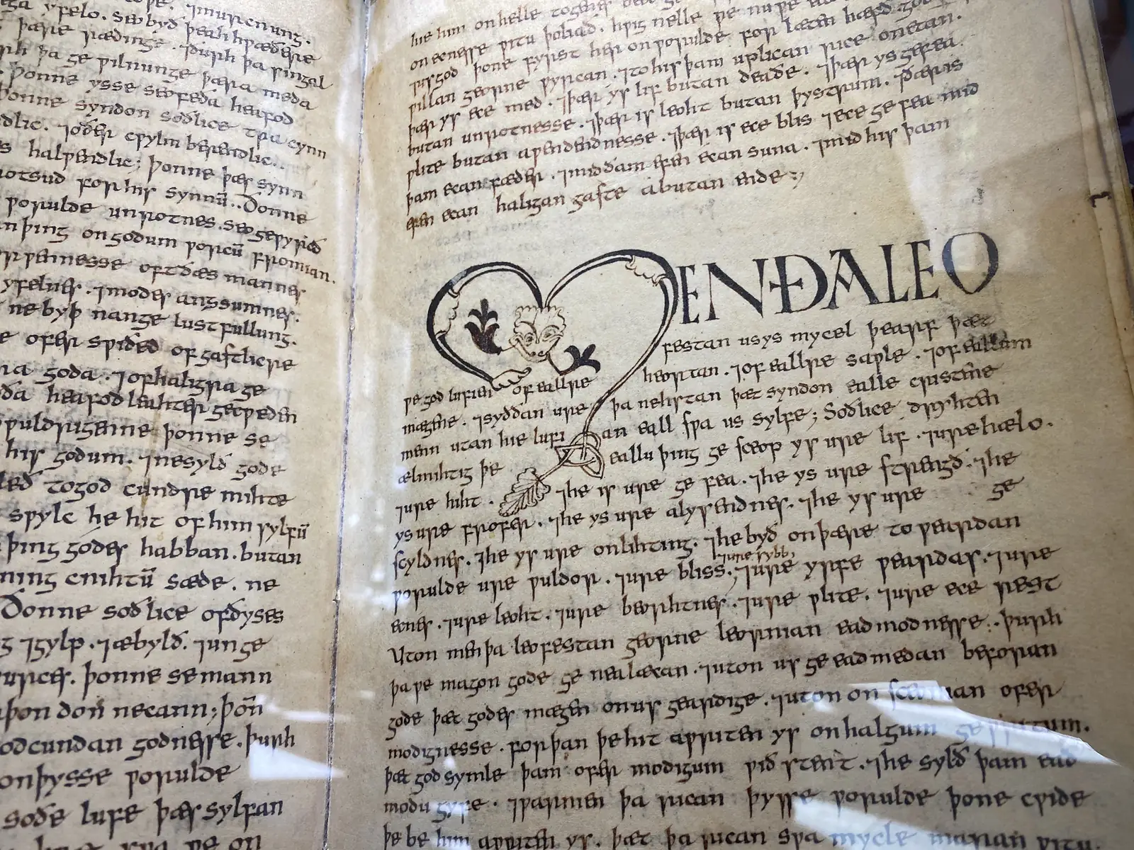 An open illuminated medieval manuscript, its dense brown script broken by a decorated initial and the large capitalised heading 'ENDALEO'.