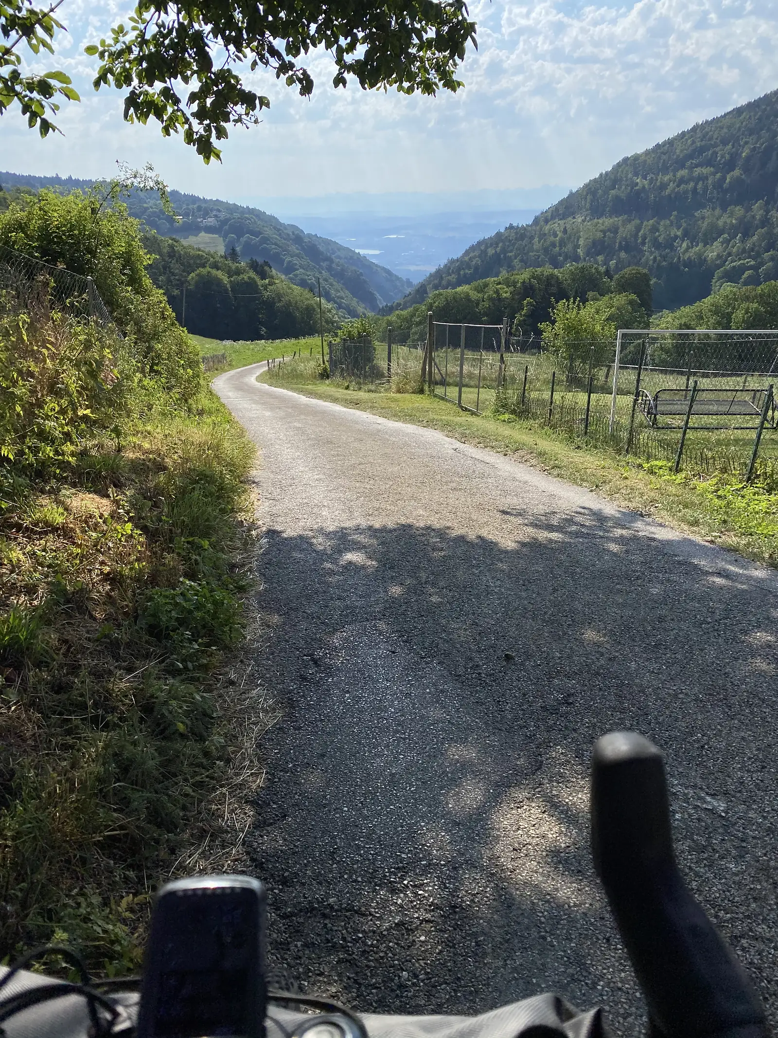 A gravel lane winding downhill through a wooded valley towards a distant lake, seen over a bike's handlebars, with a paddock and swing gate to one side.