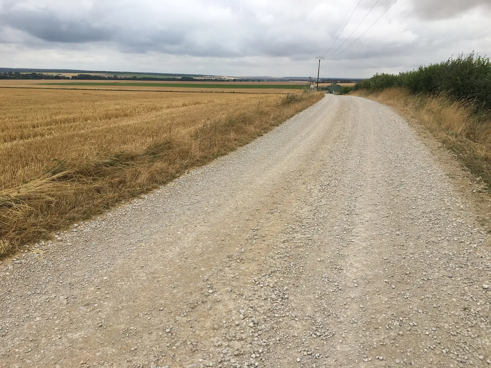 A pale gravel farm track runs straight between a hedge and a stubble field towards a distant power line, under a heavy sky.