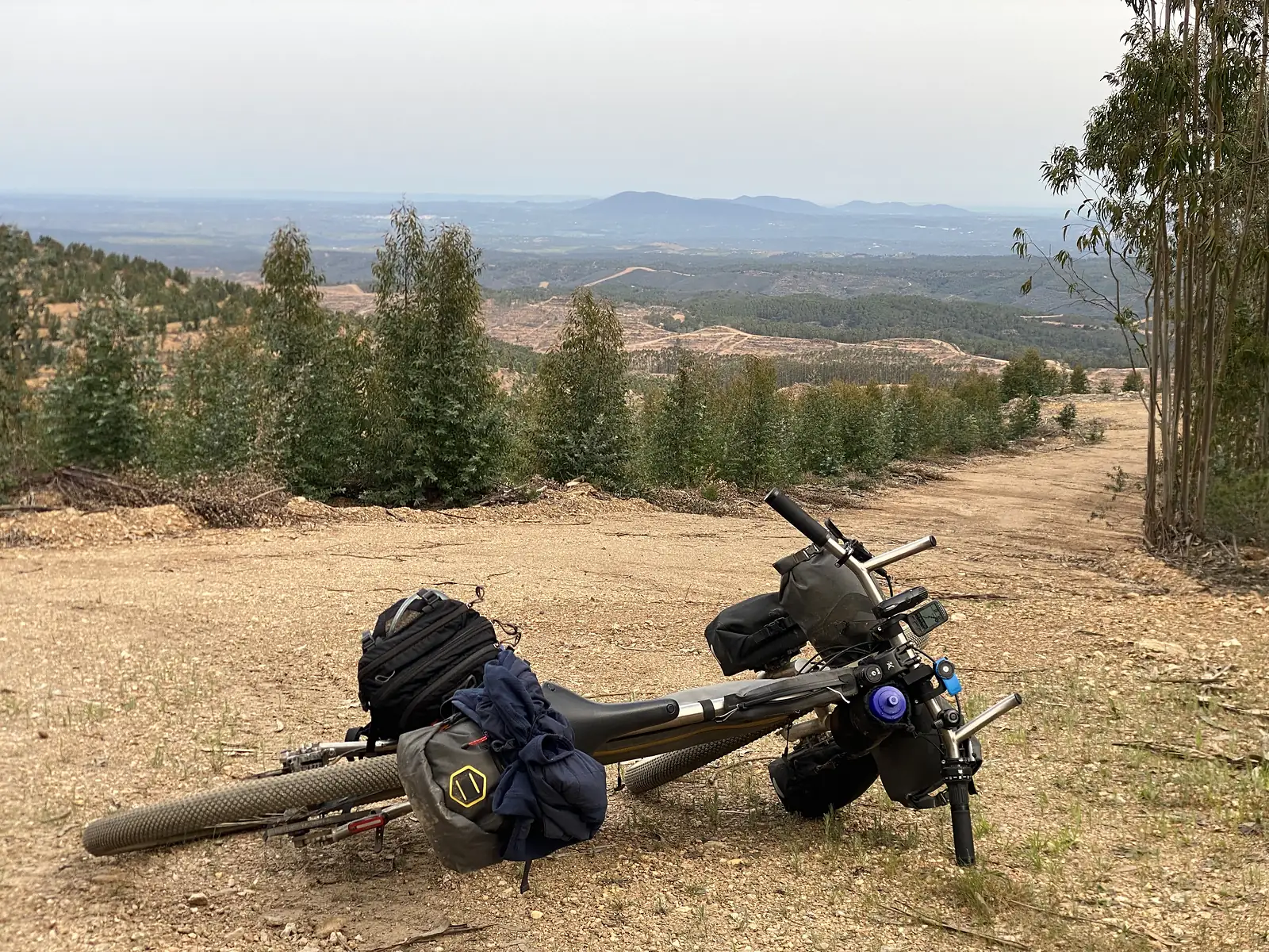A loaded bikepacking bike laid on its side on a bare forestry track, with young eucalyptus plantations and hazy hills stretching to the horizon behind.