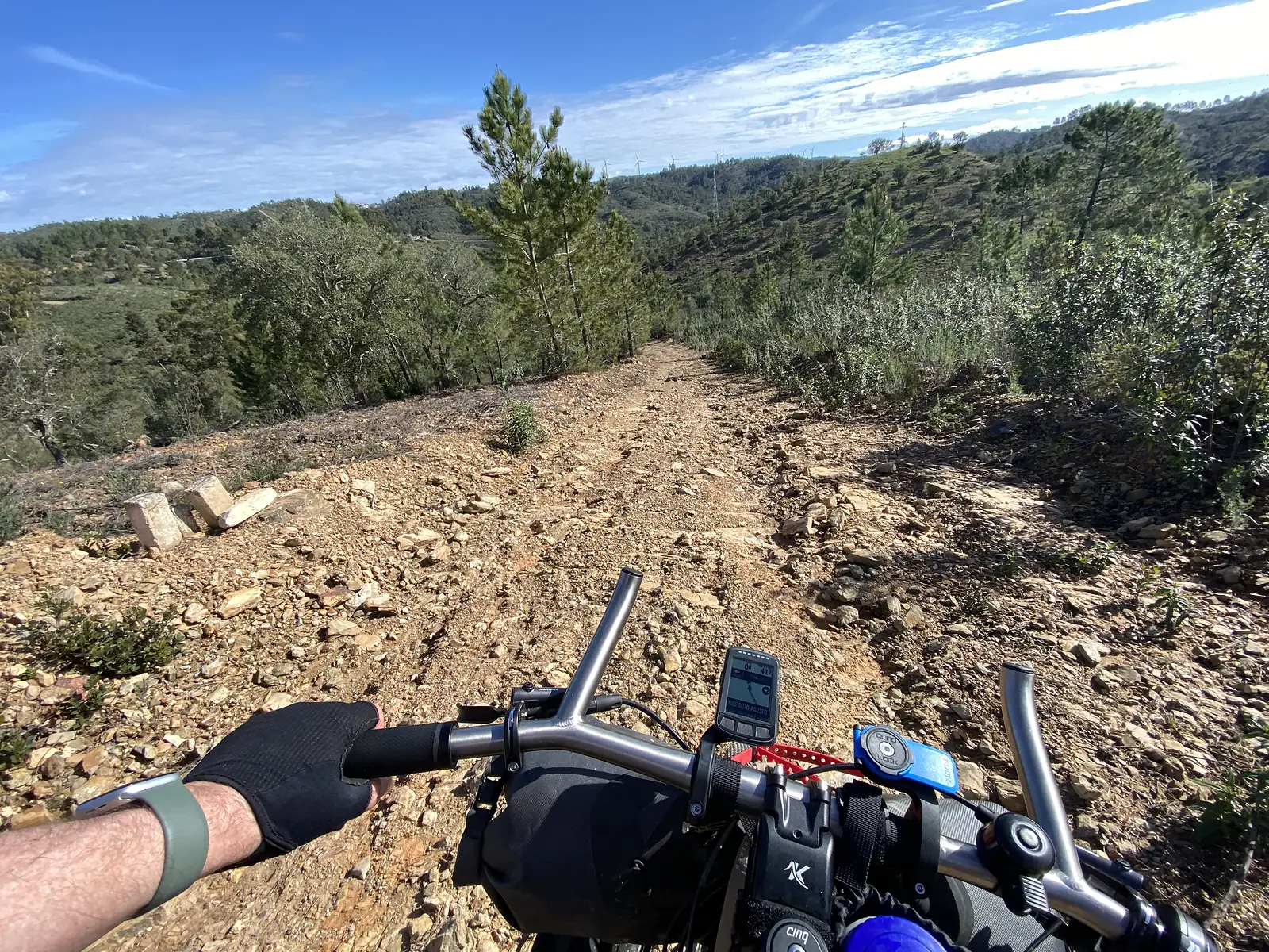 Rider's view with a gloved hand on the bar, facing a loose, stony track climbing through pines and low scrub on a sunlit hillside.