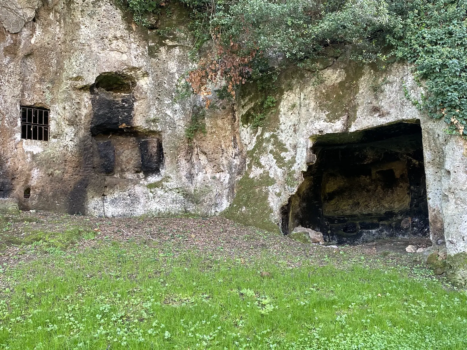 A wider view of the tufa cliff riddled with rock-cut tomb chambers and niches, one barred with an iron grille, overlooking a grassy clearing.