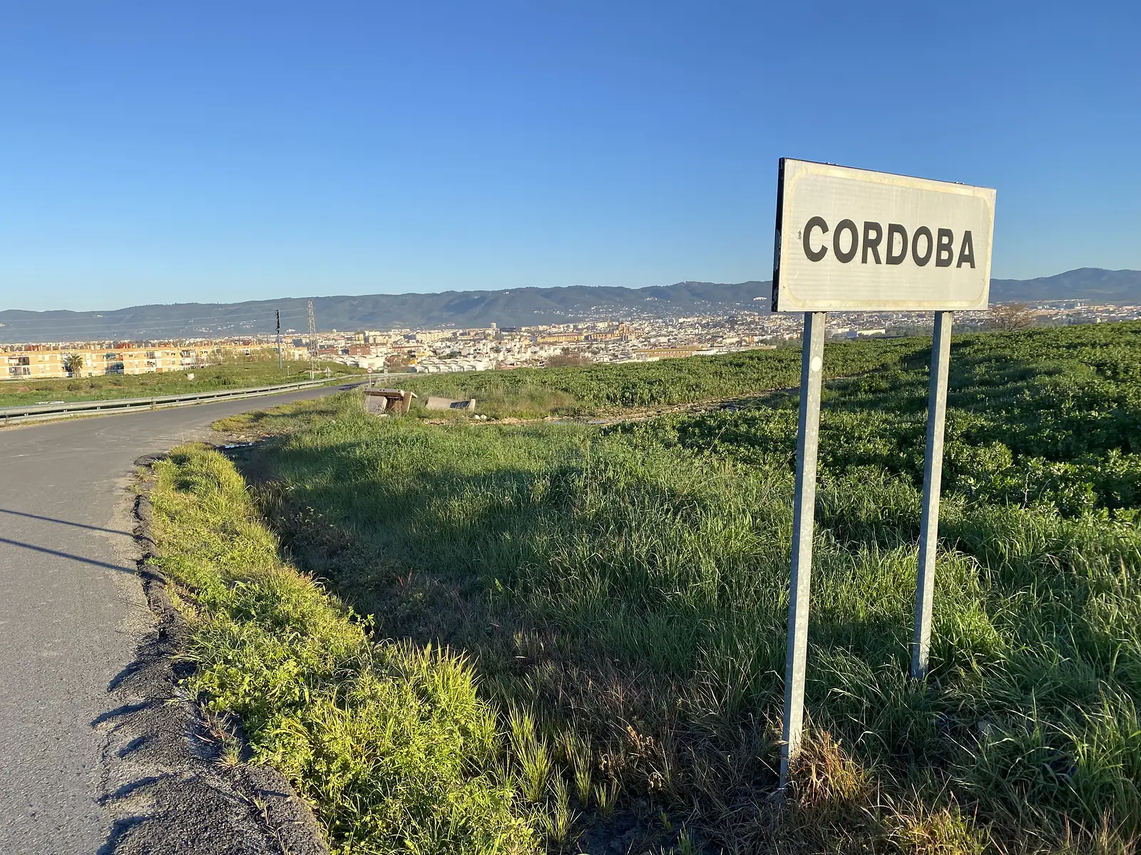 A white boundary sign reading "CORDOBA" on a grassy verge beside a lane, with orange groves and the city spread out below the mountains.