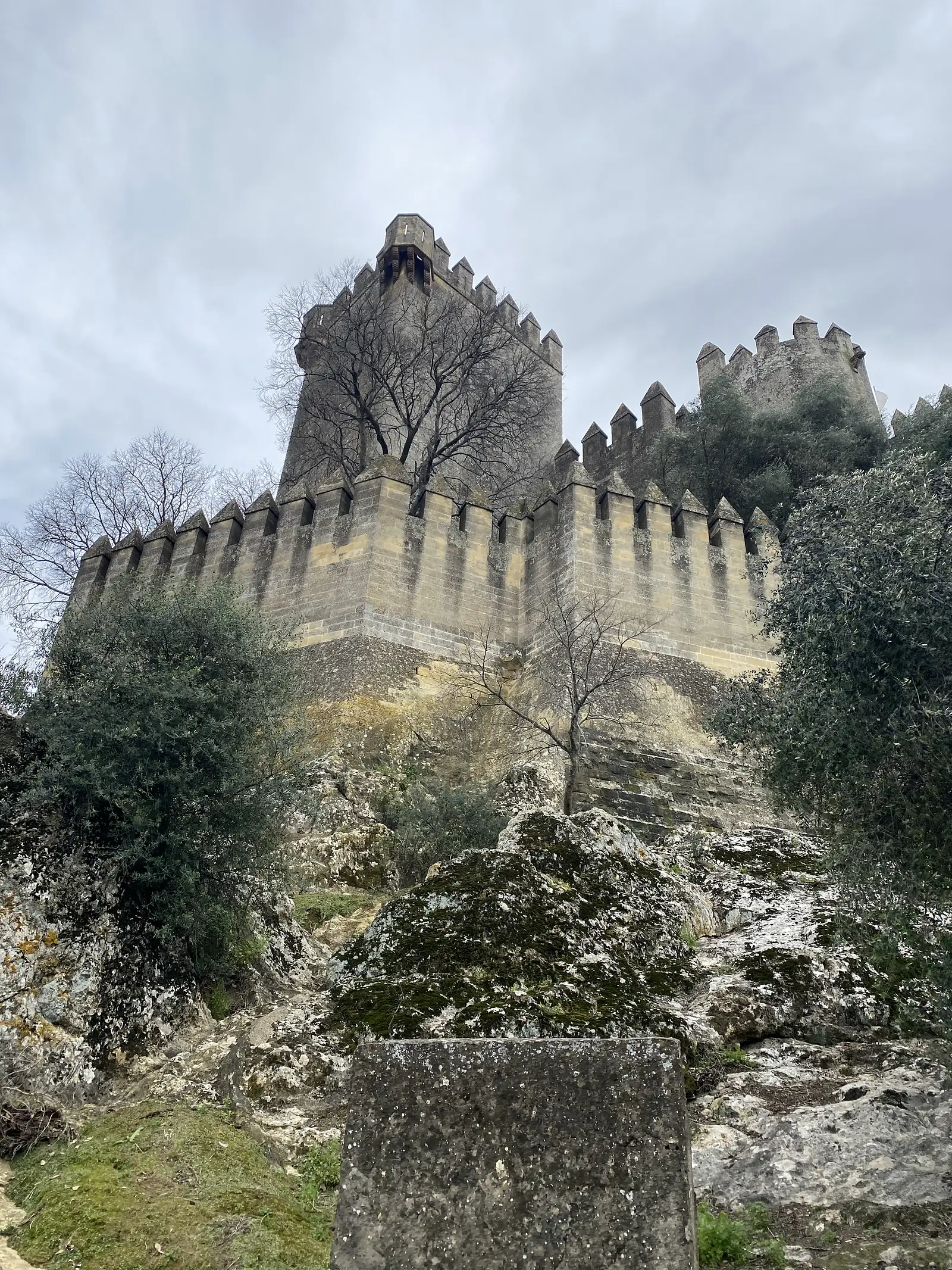The battlemented walls and square keep of a castle rising above a lichen-covered rocky slope, seen from directly below.