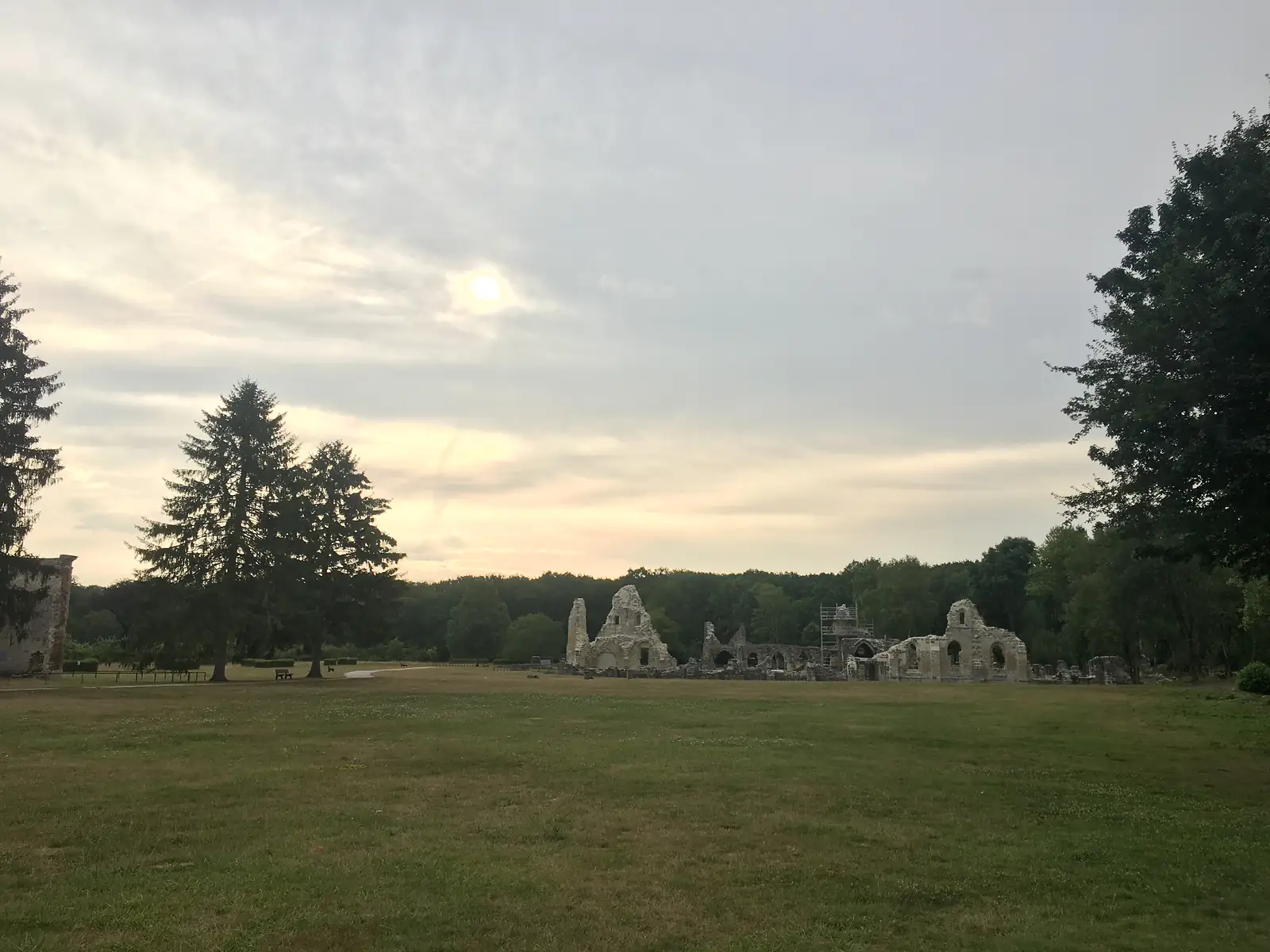 Ruined stone abbey walls with pointed gable ends stand at the edge of a wide grass clearing, backlit by a hazy evening sun low over the treeline.