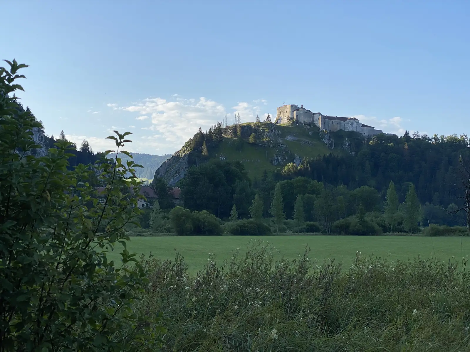 A hilltop fortress with pale stone ramparts and a corner tower catching the morning sun above wooded slopes, seen across a dew-lit meadow.