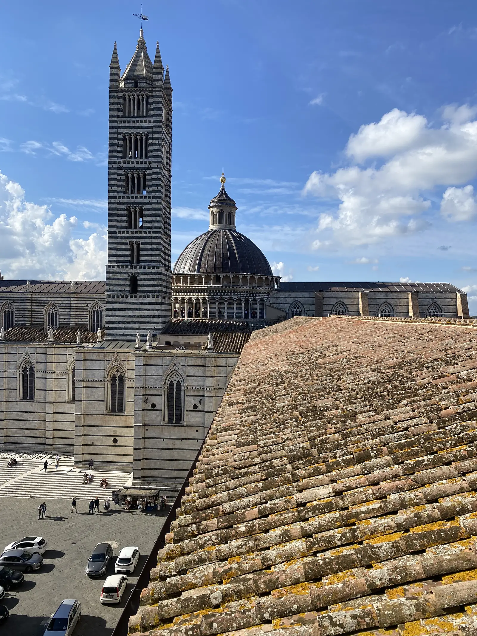 A rooftop-level view of a black-and-white striped bell tower and dome belonging to a cathedral, seen over terracotta tiled roofs with a small piazza below.