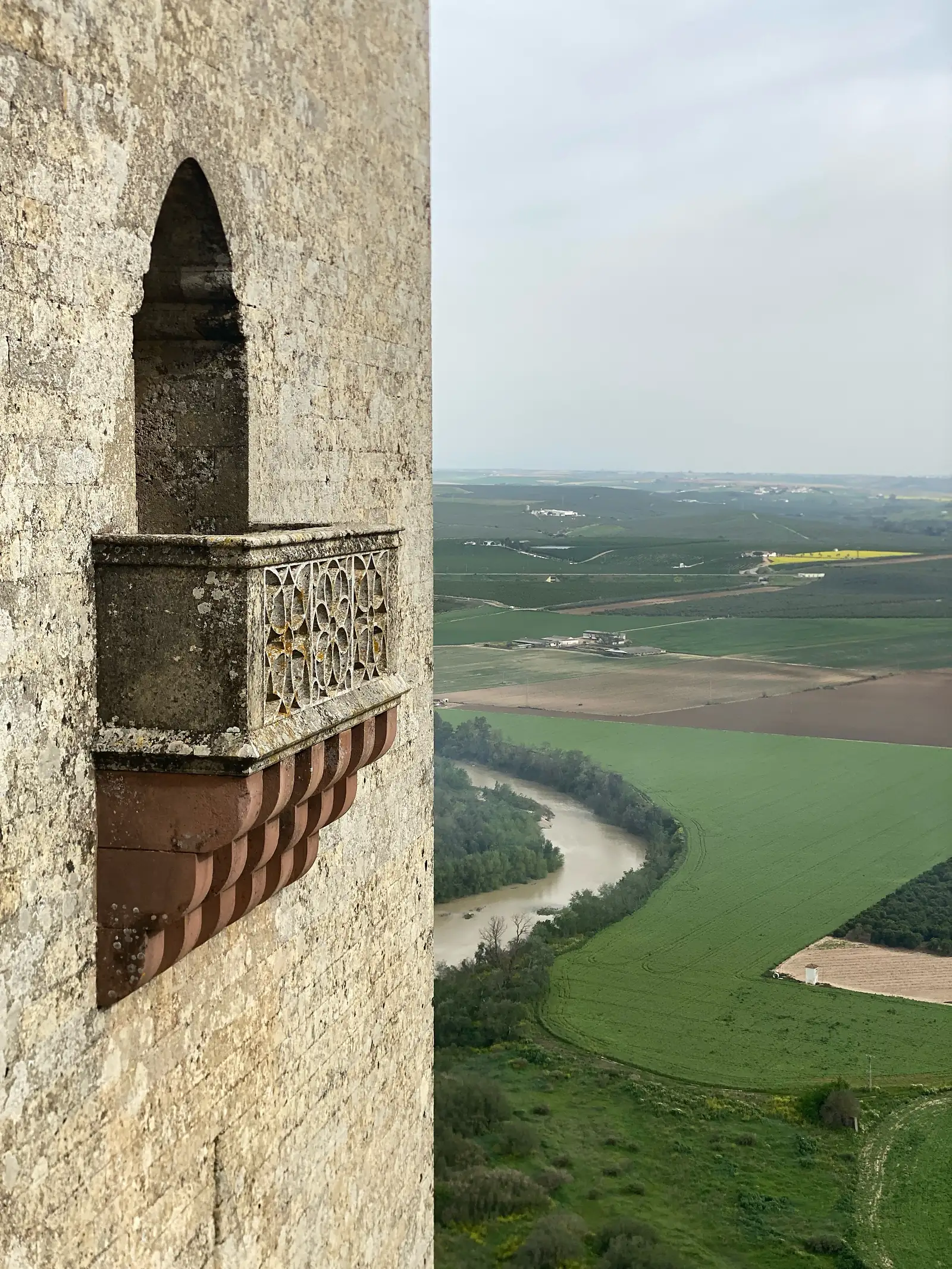 A stone corbelled balcony with pierced tracery on a castle tower, looking out over a wide river meander and green farmland far below.