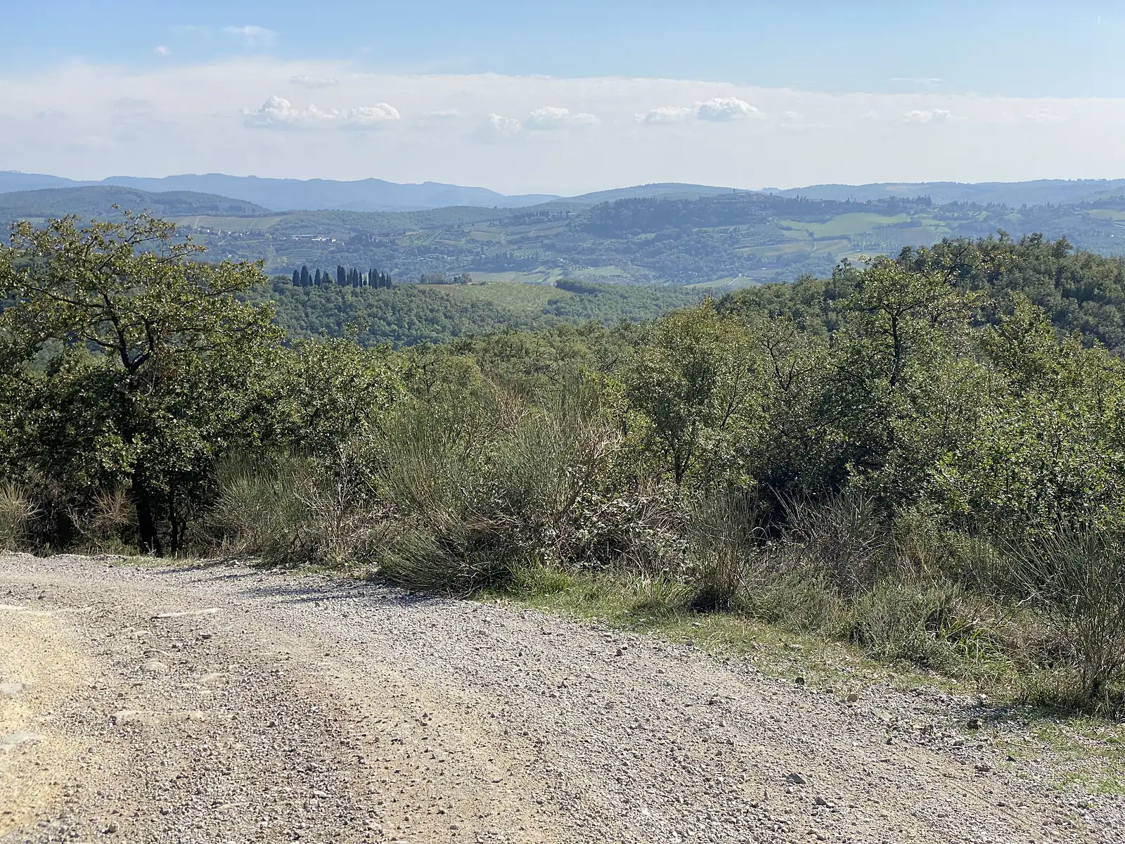 A wide gravel track curving past scrubby bushes, with a sweeping view over layered wooded hills under a partly cloudy sky.