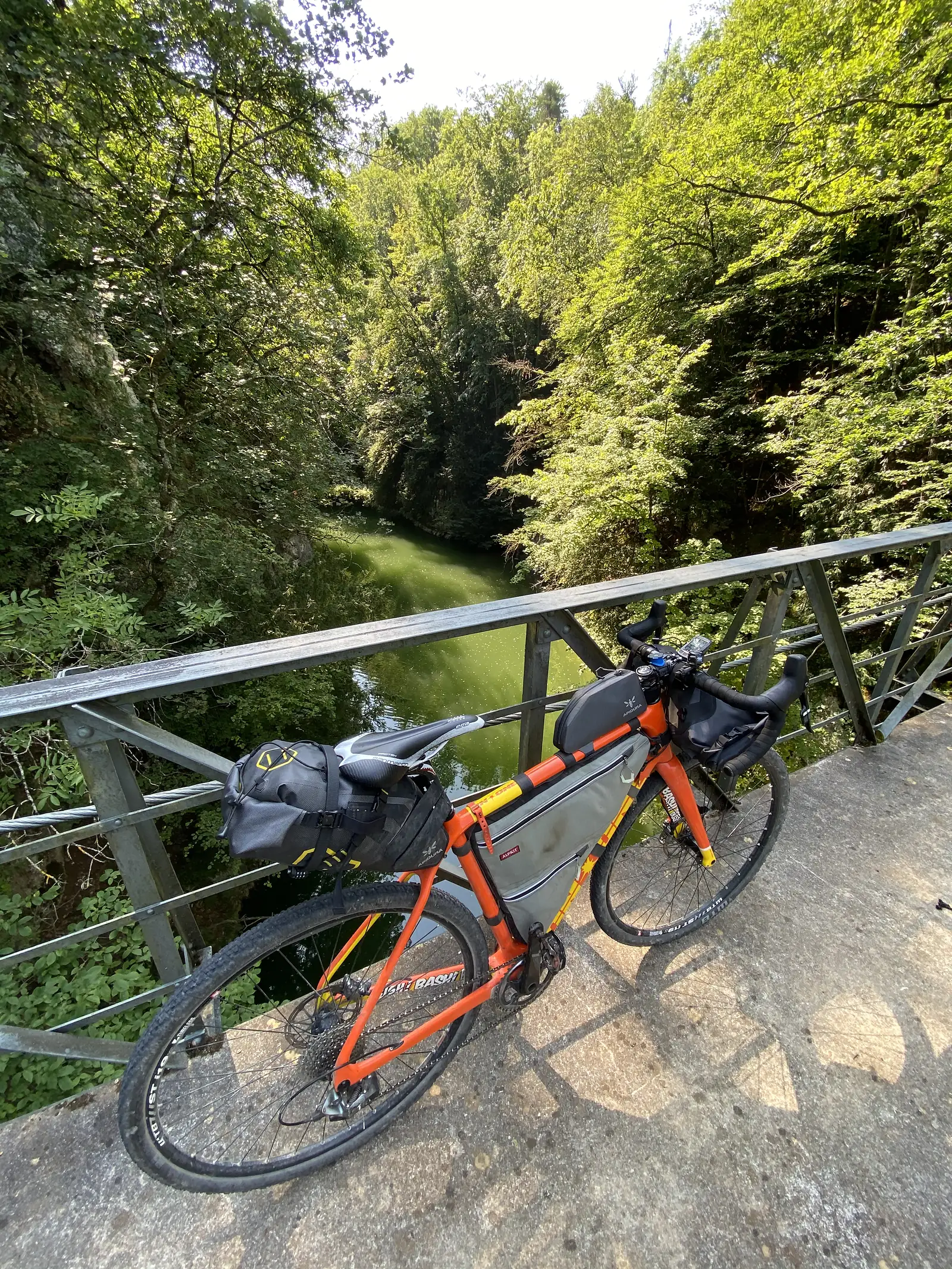 A laden gravel bike resting against the railing of a steel bridge over a still, tree-shadowed green river.