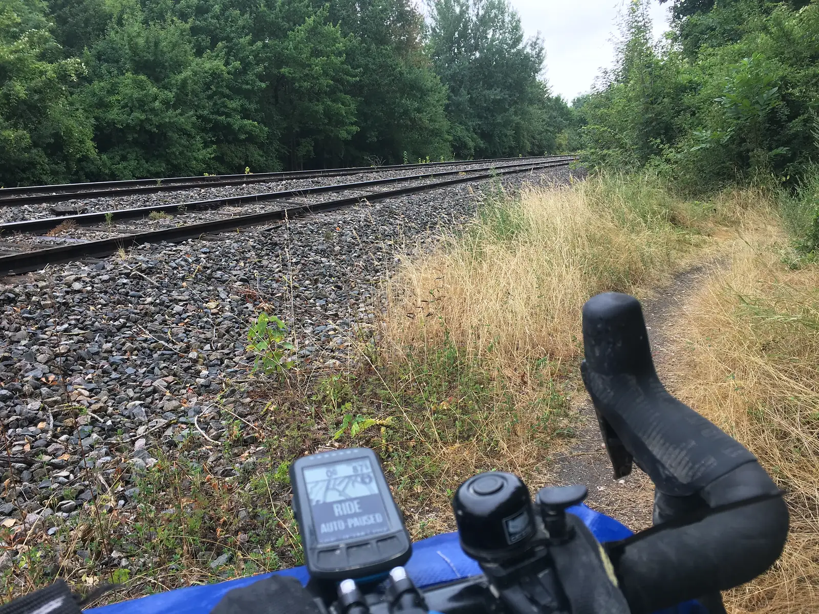 A bicycle's handlebar-mounted GPS computer reading RIDE AUTO-PAUSED beside a gravel path running alongside railway tracks through woodland.