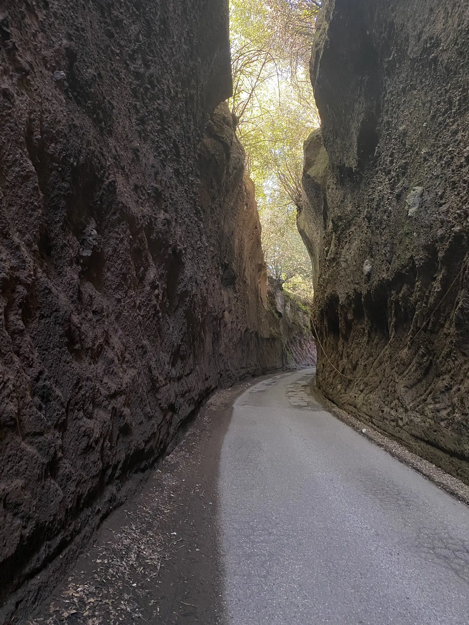 A rough eroded rock overhang casting deep shade over a lane, with a low retaining wall alongside and trees glowing in sunlight beyond.
