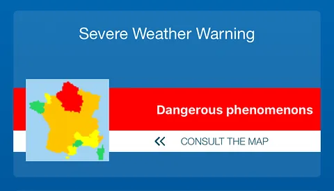 A weather app screen headed Severe Weather Warning, showing a map of France with red, orange and yellow risk zones beside the label Dangerous phenomenons and a Consult the Map link.