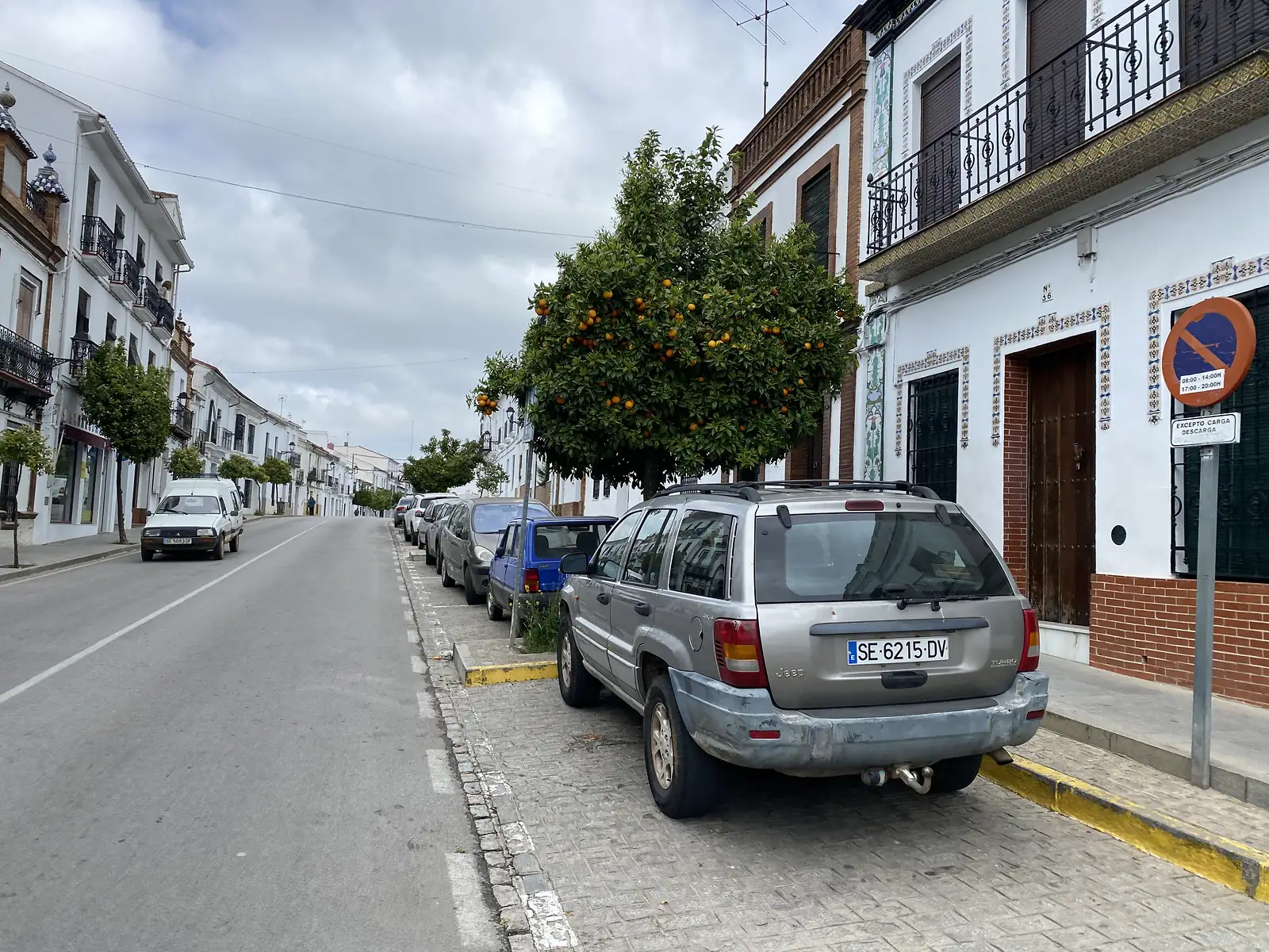 A wide village street of whitewashed houses with tiled doorways and iron balconies, cars parked beneath an orange tree heavy with fruit.