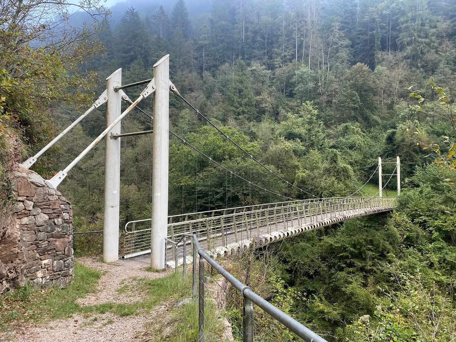 A slender suspension footbridge on white concrete pylons spans a wooded gorge under low mist.