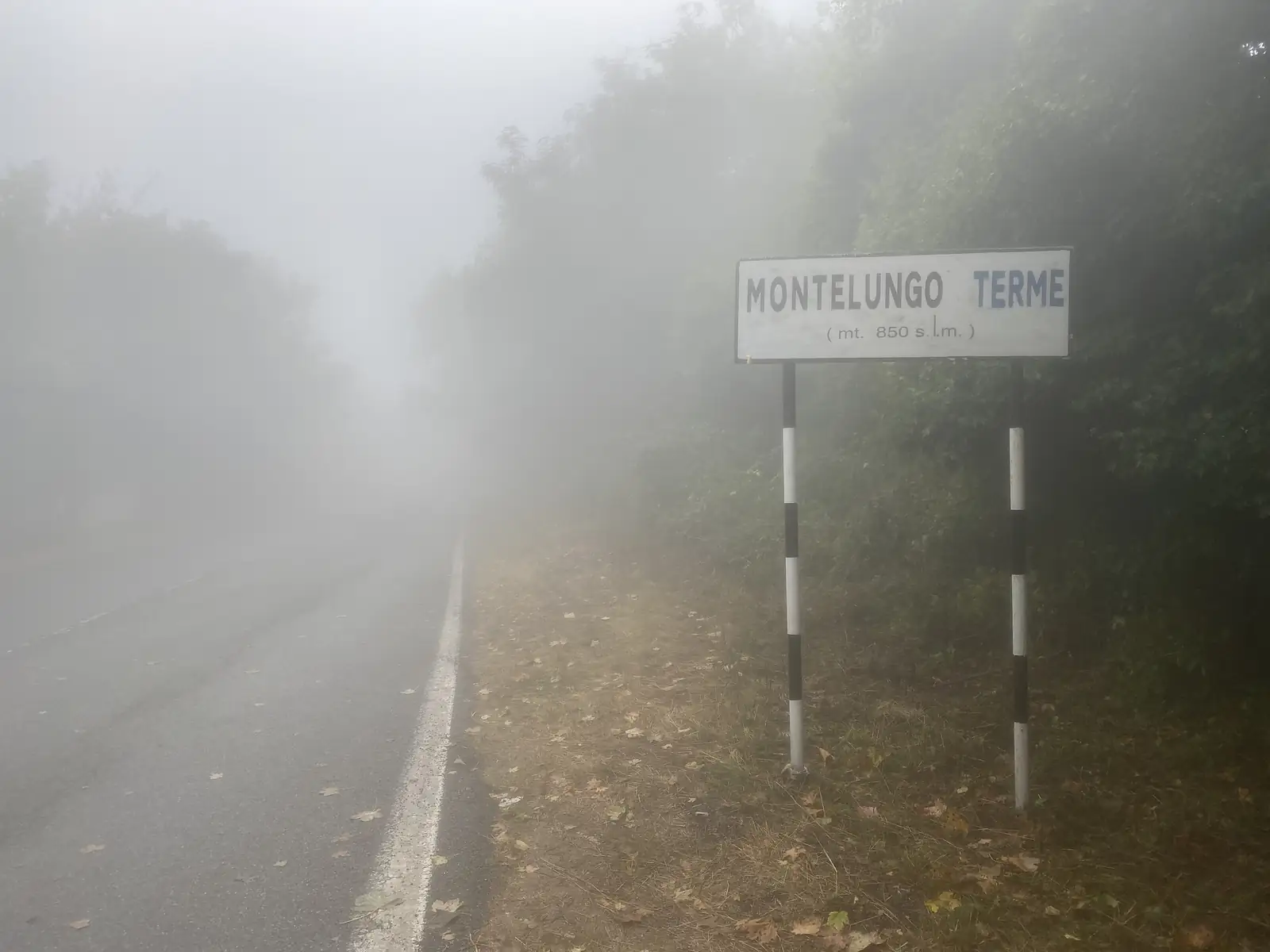 A roadside sign reading Montelungo Terme (mt. 850 s.l.m.) stands among fog-shrouded roadside vegetation.
