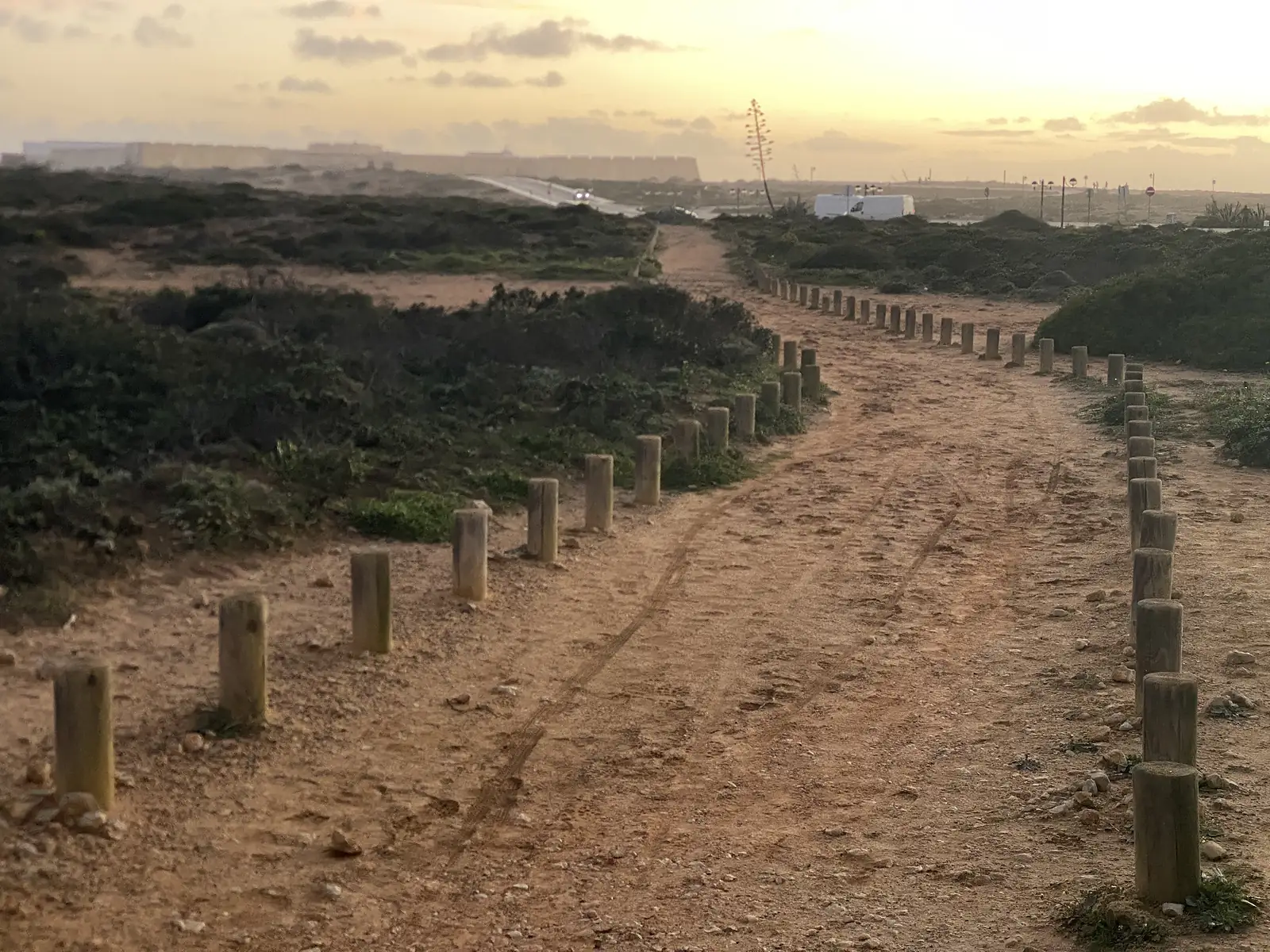 Sandy track lined either side with squat wooden posts running towards the sea at sunset, low green scrub on both banks and a white van parked in the distance.