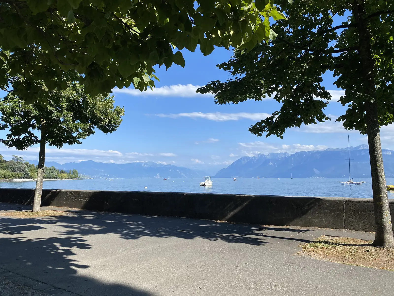 A tree-shaded lakeside promenade in Lausanne with a low wall overlooking Lake Geneva and the mountains of the far shore.