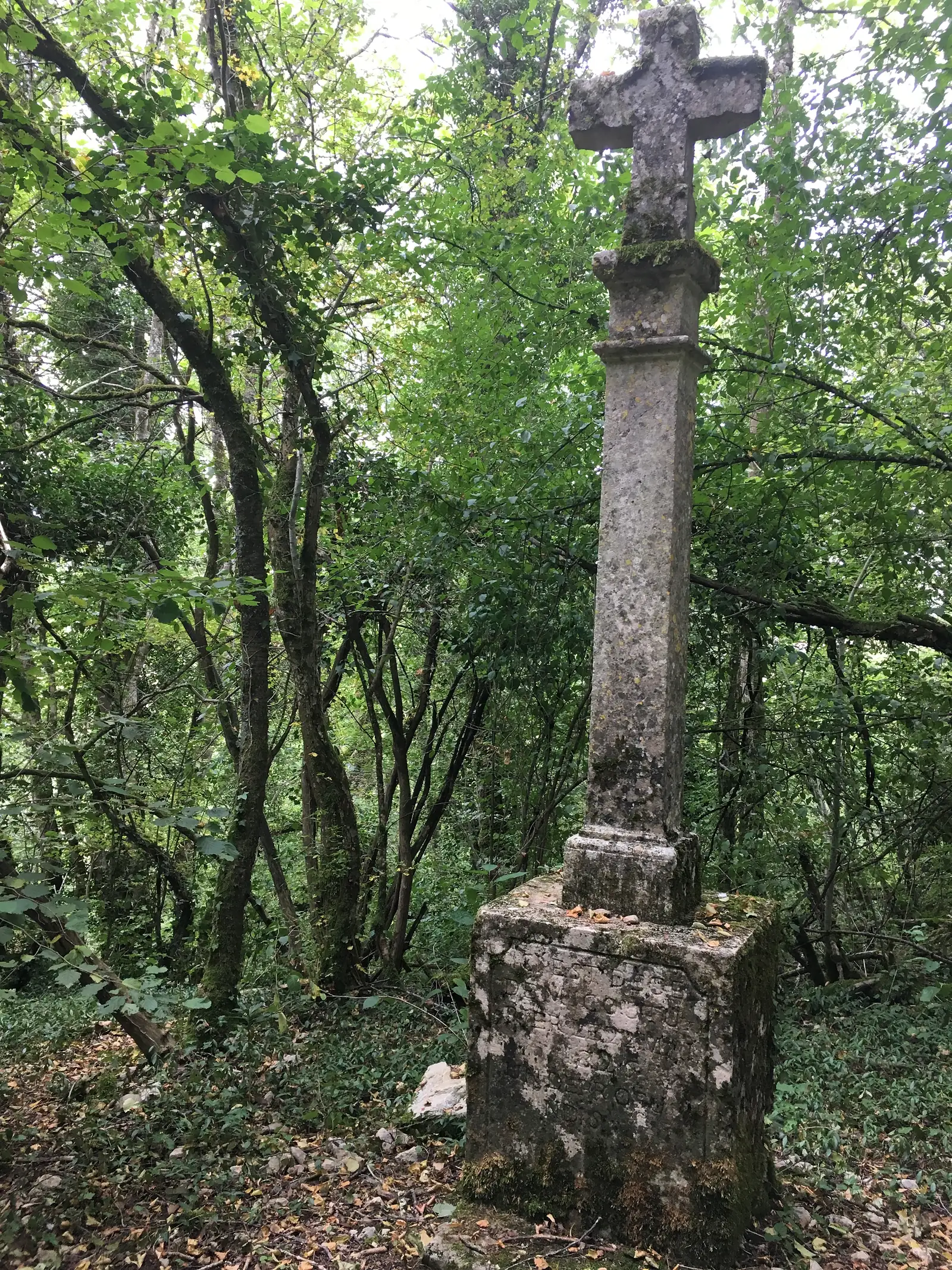 A weathered stone wayside cross standing among trees, its arms and shaft covered in lichen, beside an inscribed stone base.