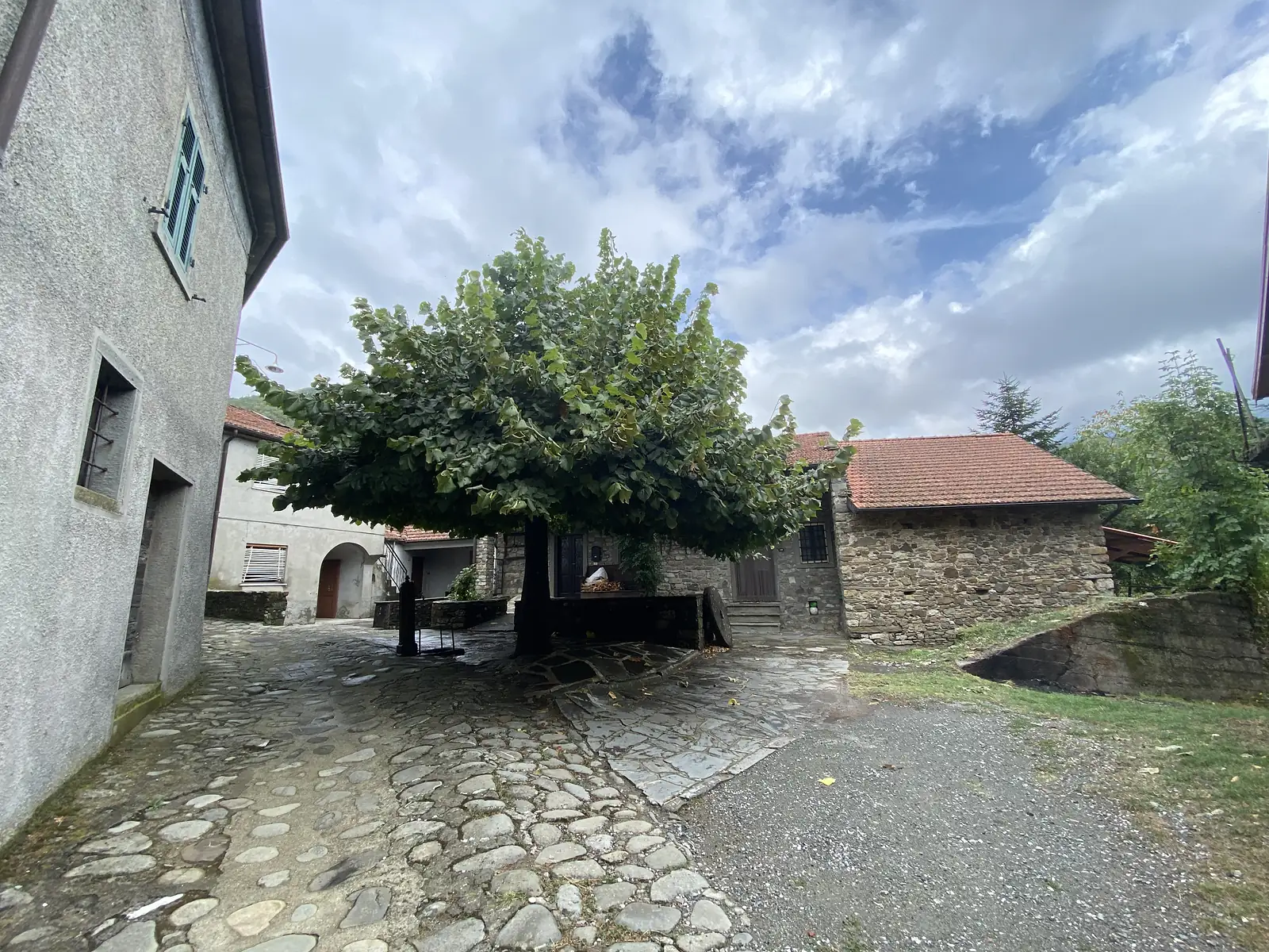 A large tree shades a cobbled village square surrounded by stone and rendered houses under a partly cloudy sky.