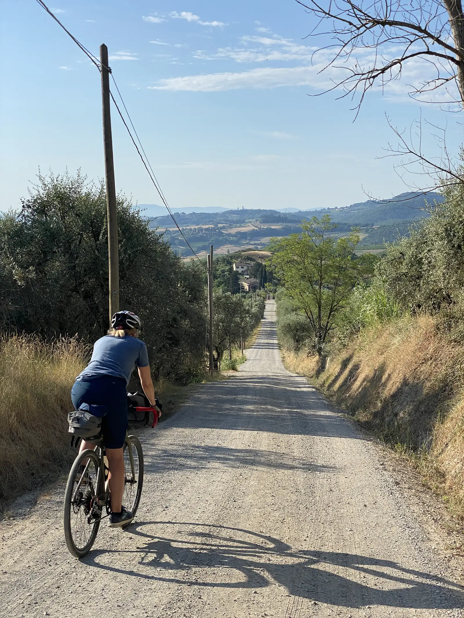 A cyclist rides a loaded gravel bike along a shaded gravel road lined with telegraph poles and olive trees, casting a long evening shadow with rolling hills in the distance.