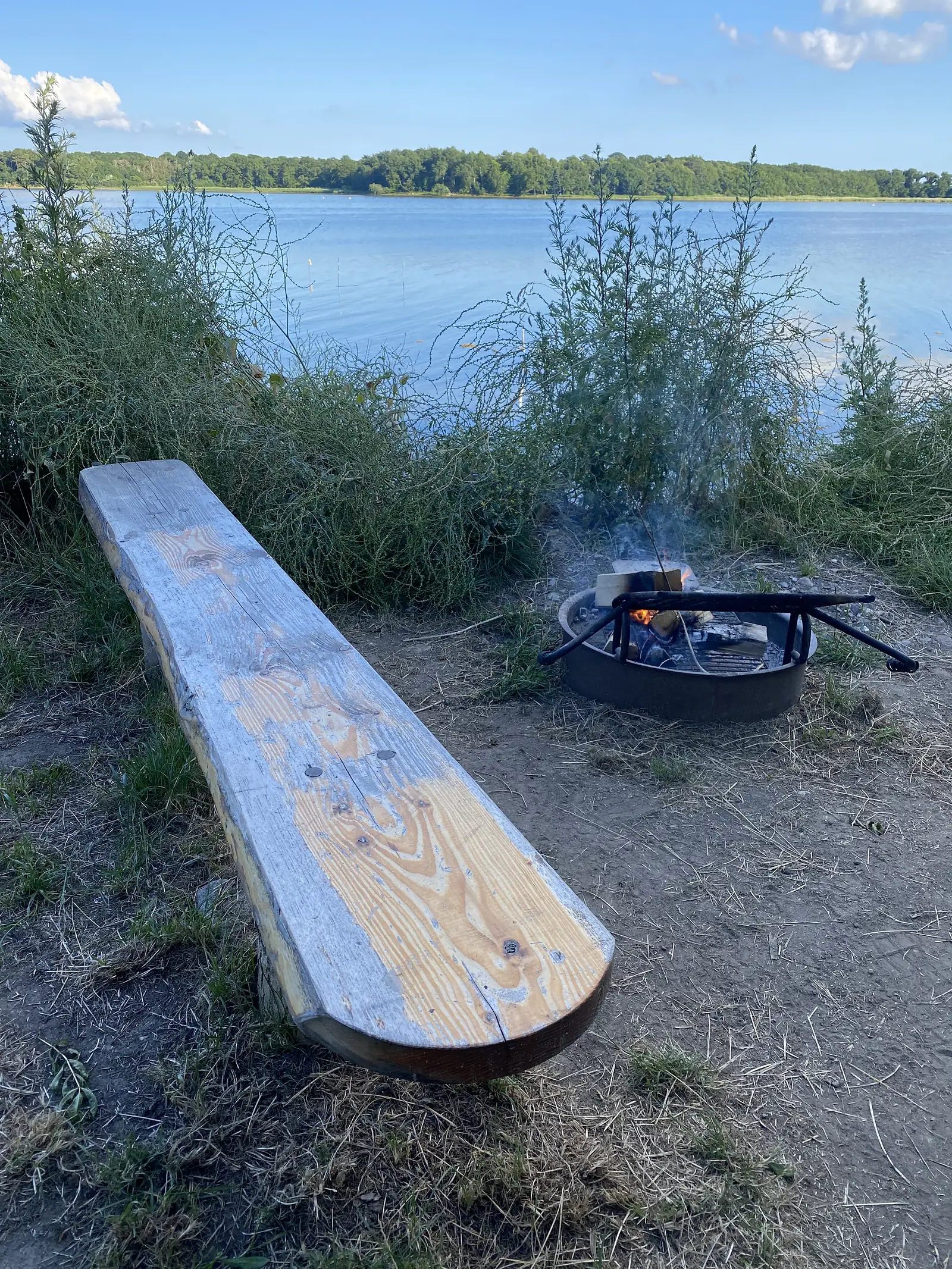 A split-log bench beside a smoking fire pit with a grill, on the shore of a wide calm lake at evening.